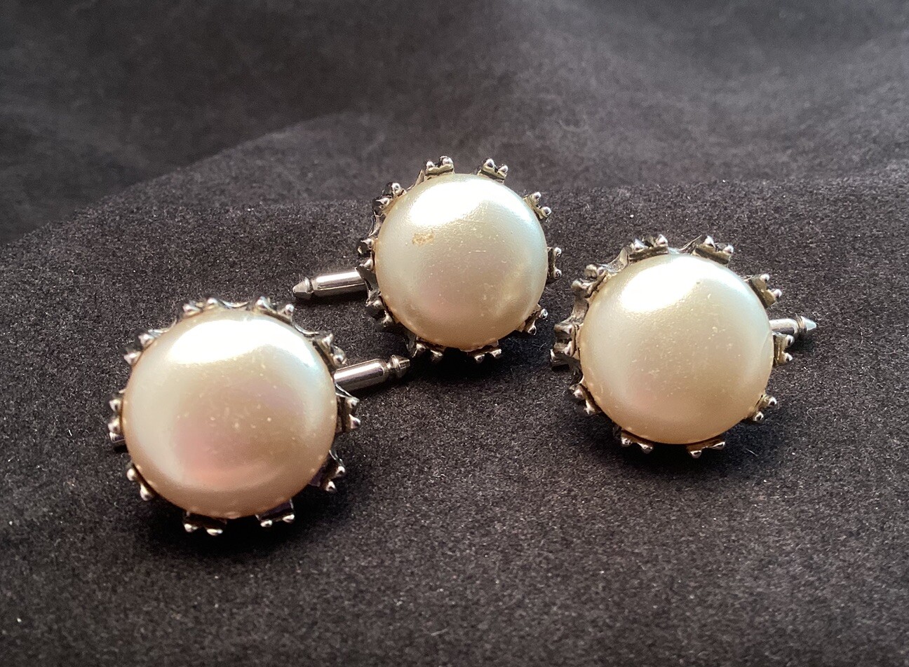 Vintage Silver Tone Paul Sargent Signed Faux Pearl Tux Shirt Studs Set Of 3
