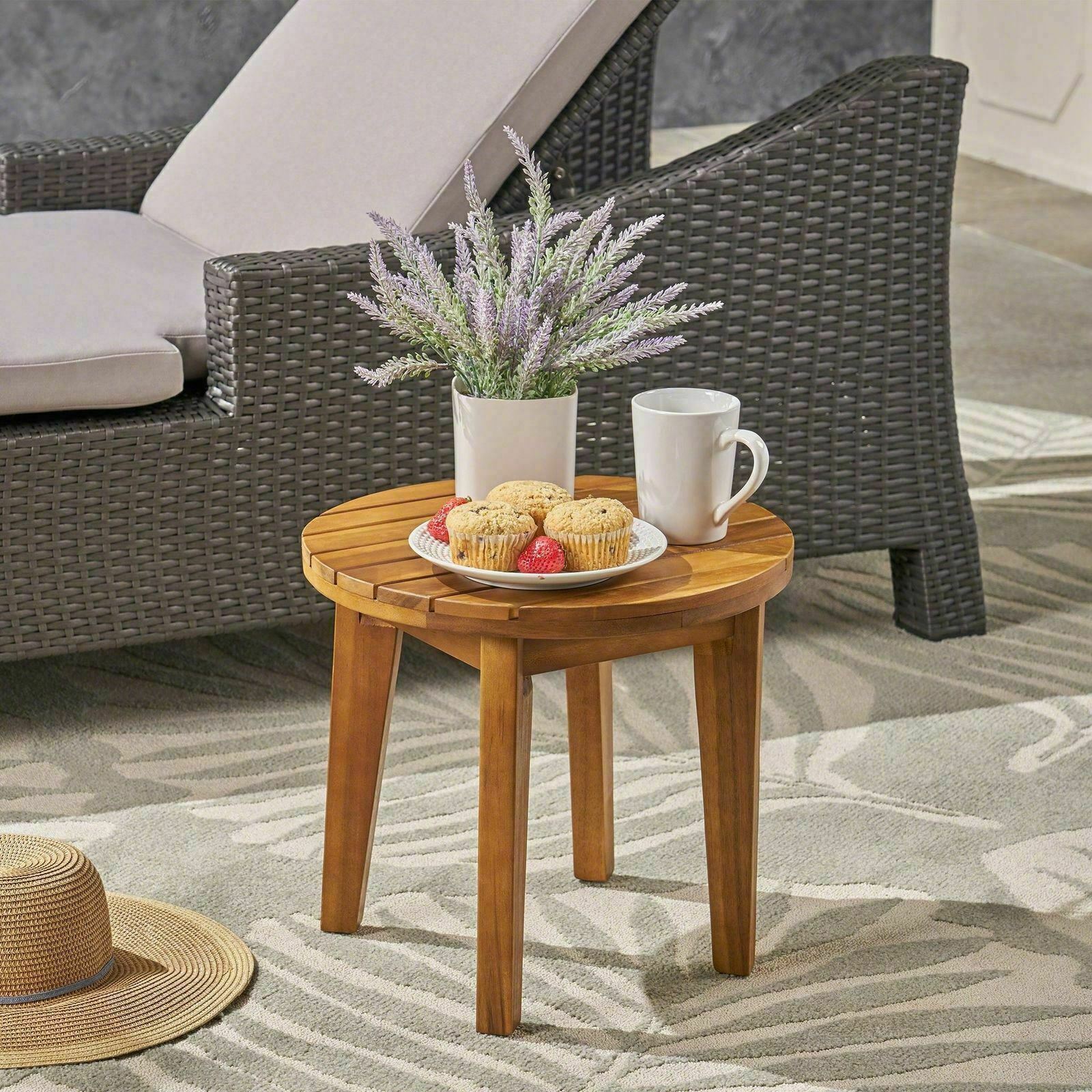 Rustic Patio Parker 16-Inch Outdoor Acacia Wood Side Table with Slat-Panel Top
