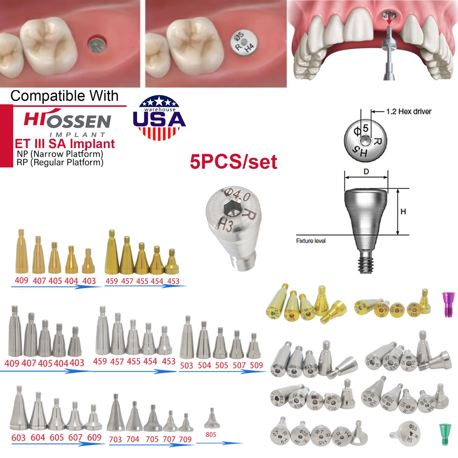 5Pcs Dental Implant Healing Abutment Cap for Hiossen ET Osstem TS Mini Regular