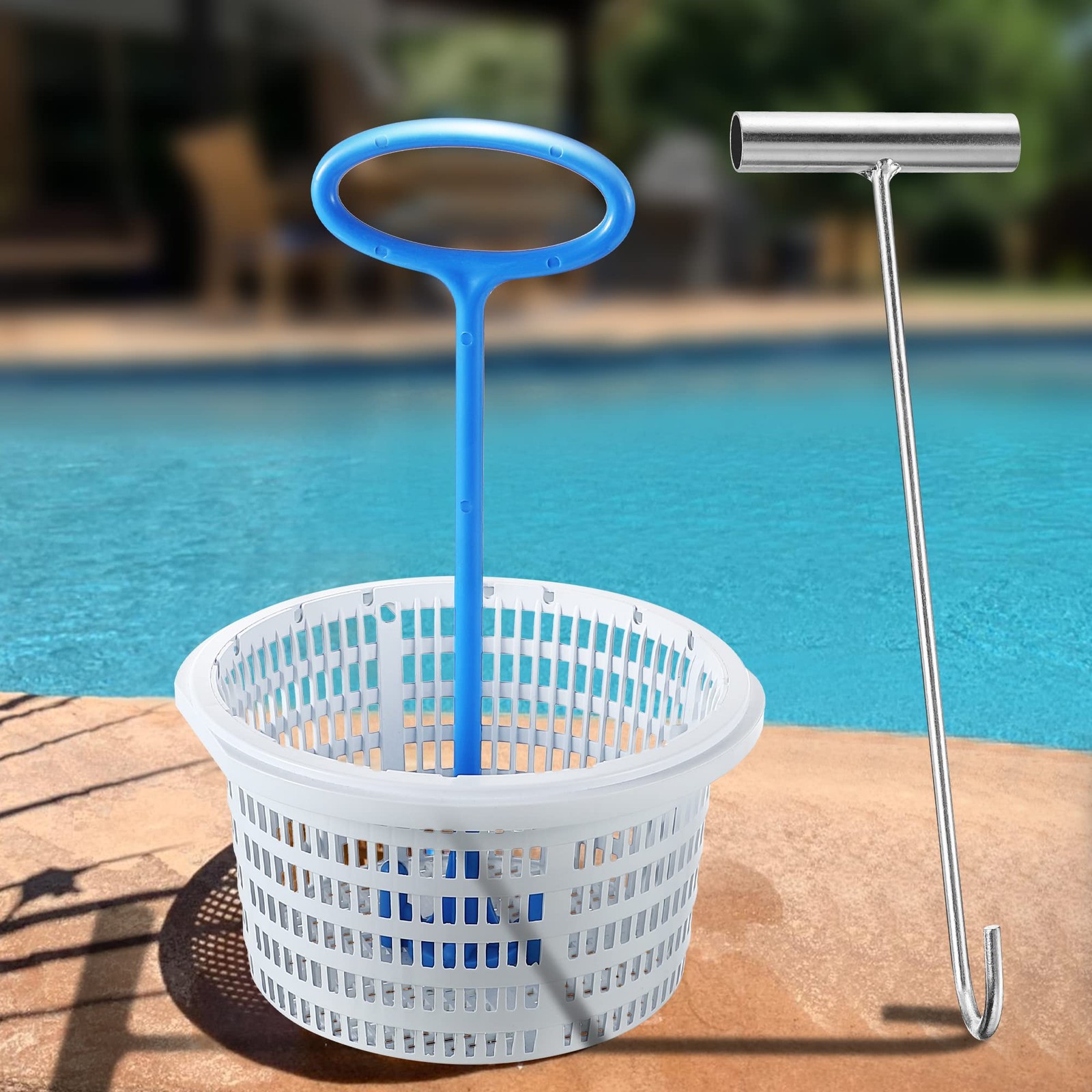 Dreyoo Pool Skimmer Basket Handle, Universal Hook Blue, Silver