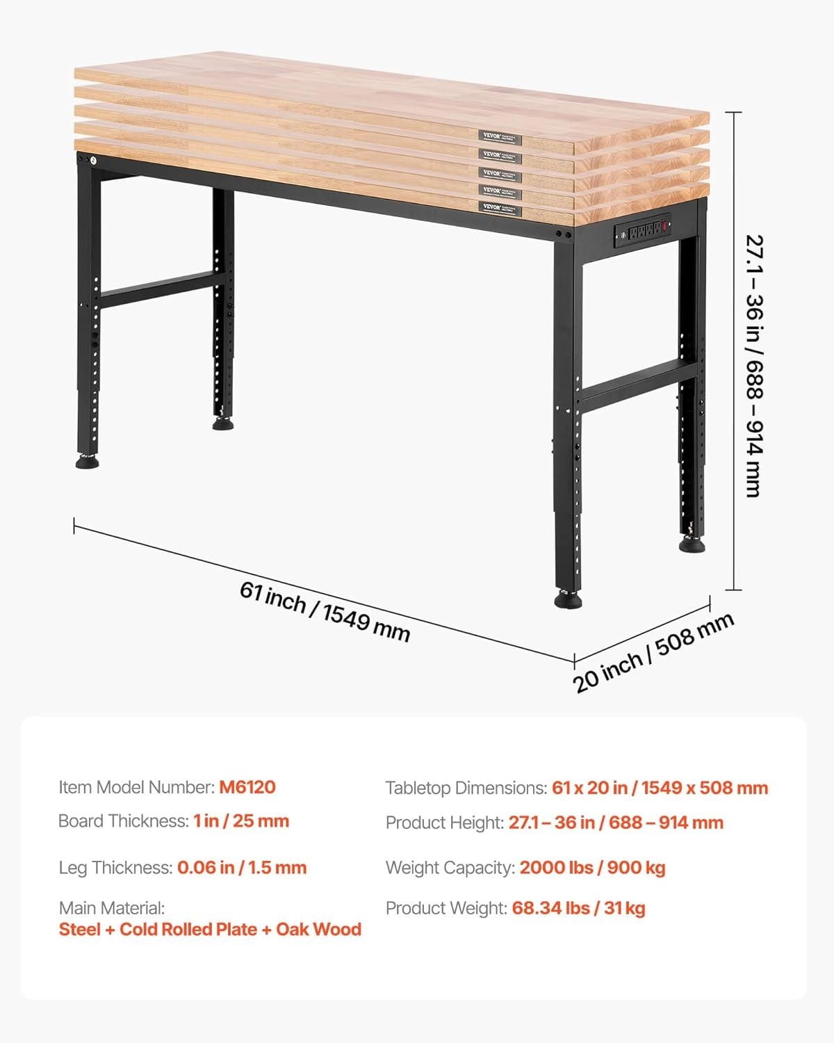 Robust Oak Wood Workbench - 2000 lbs Capacity with Adjustable Height Features