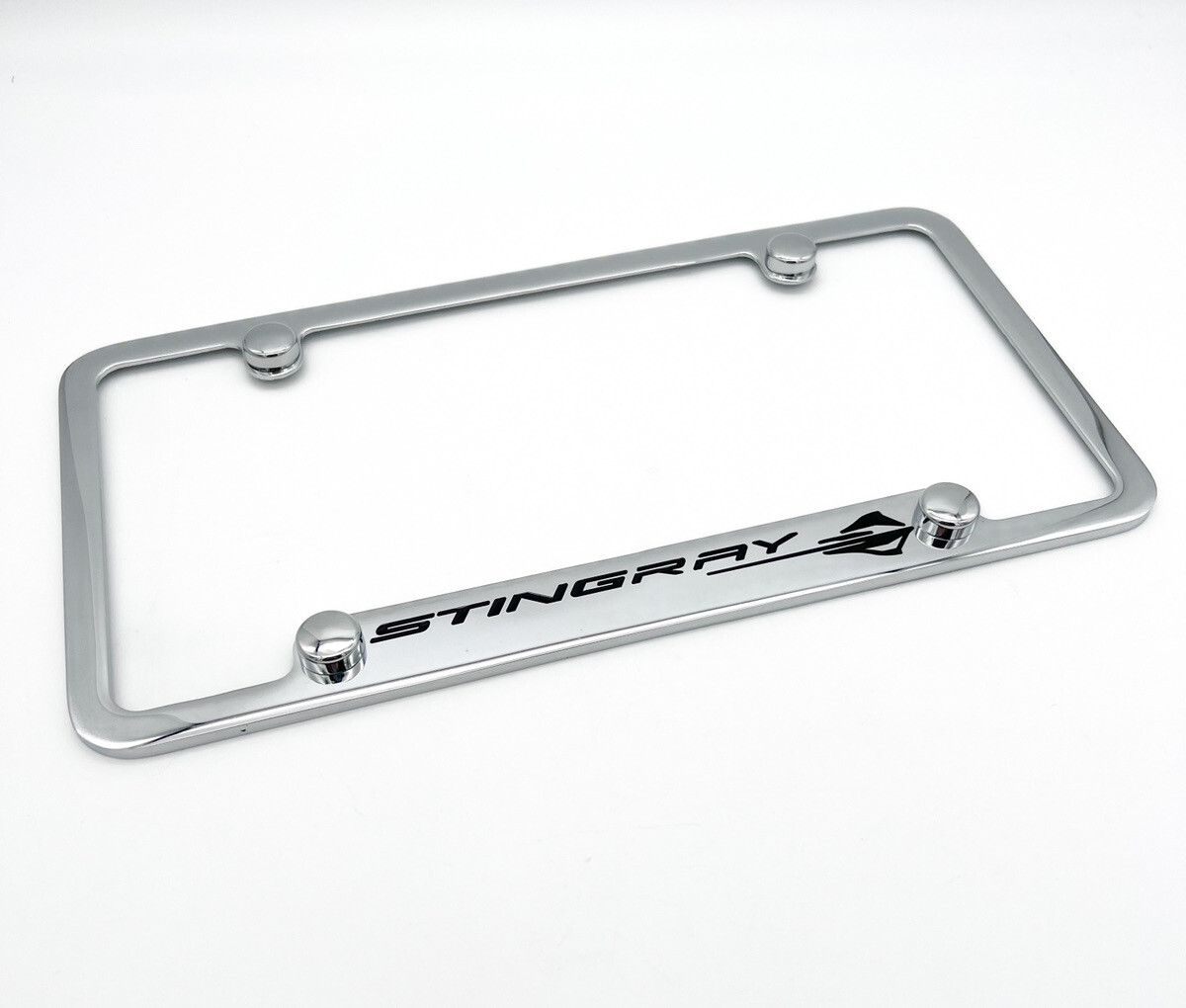 Notched Chrome License Plate Frame w/ Black Chevy C8 Corvette Stingray Logo