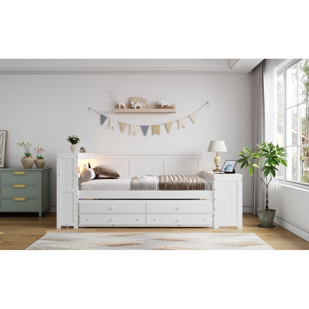 Full Size Daybed with Storage Shelves,Drawers,Trundle,Charging Station