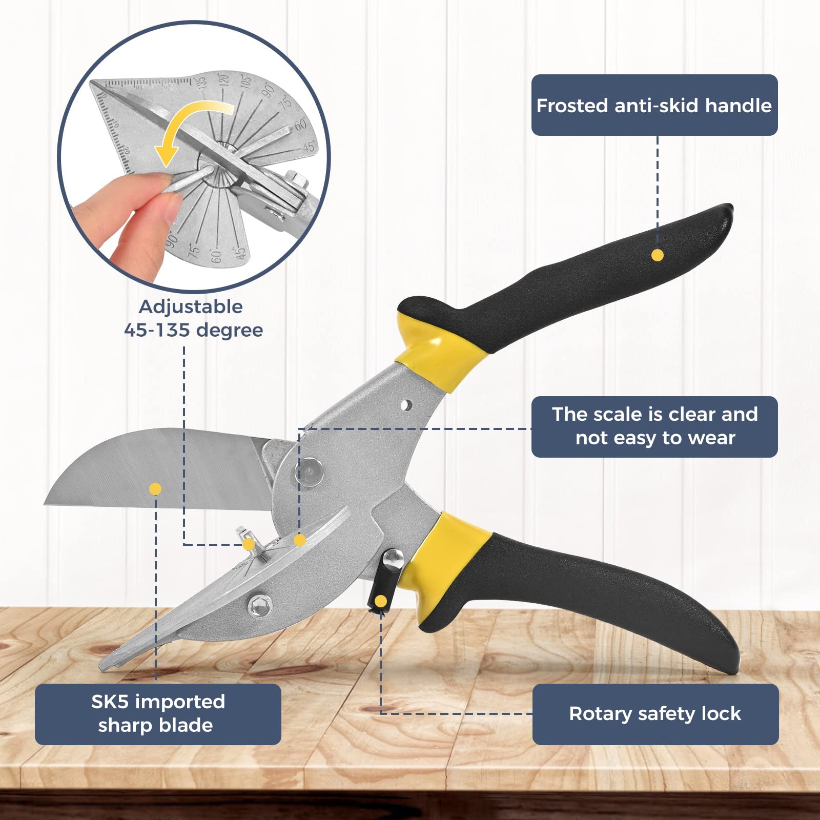 Miter Shears，Sharp Multi Angle Scissors, Adjustable From 45 ° to 135 ° Quarter