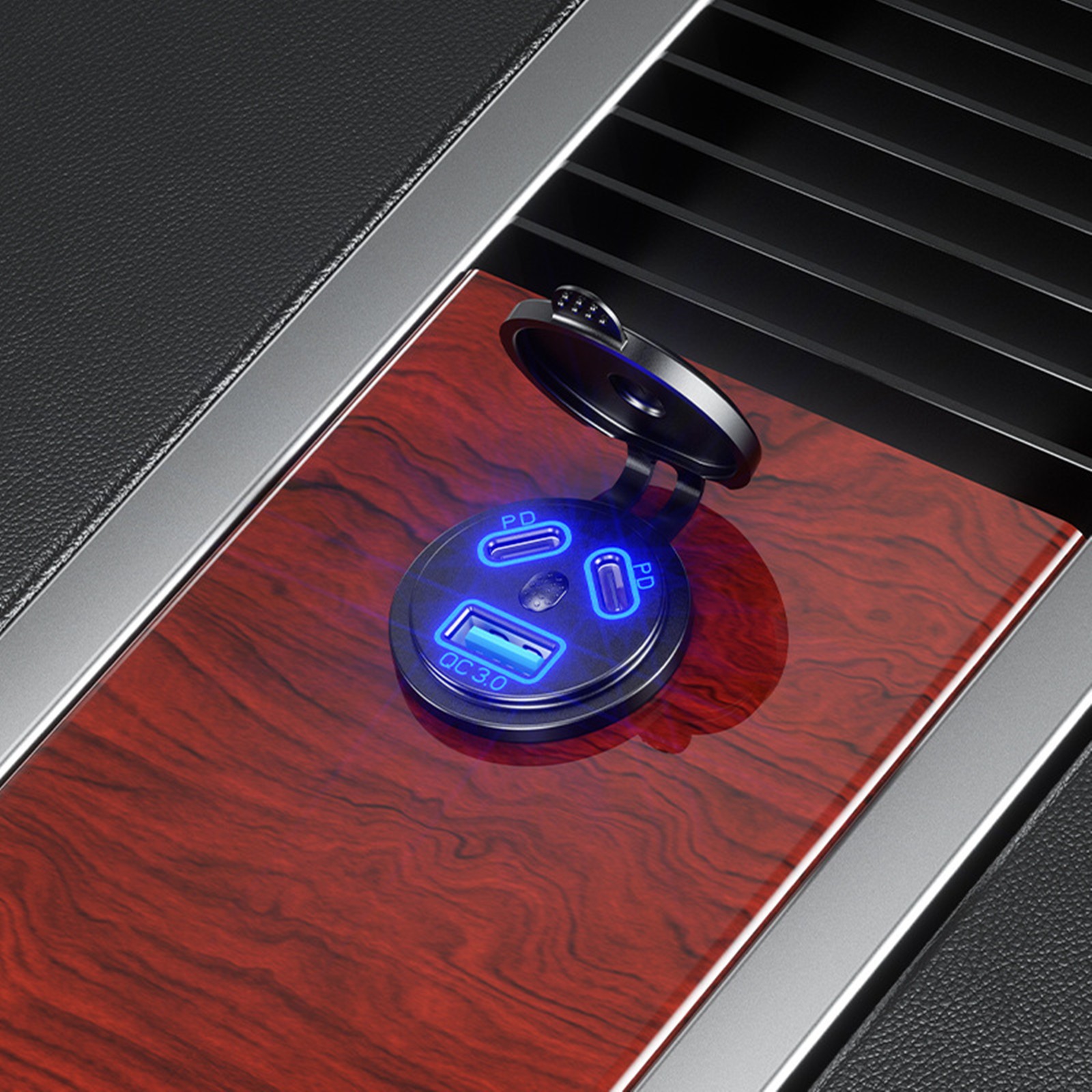Black Dual PD+QC 3.0 USB Port Car Cigarette Lighter Socket Plug LED Indicator