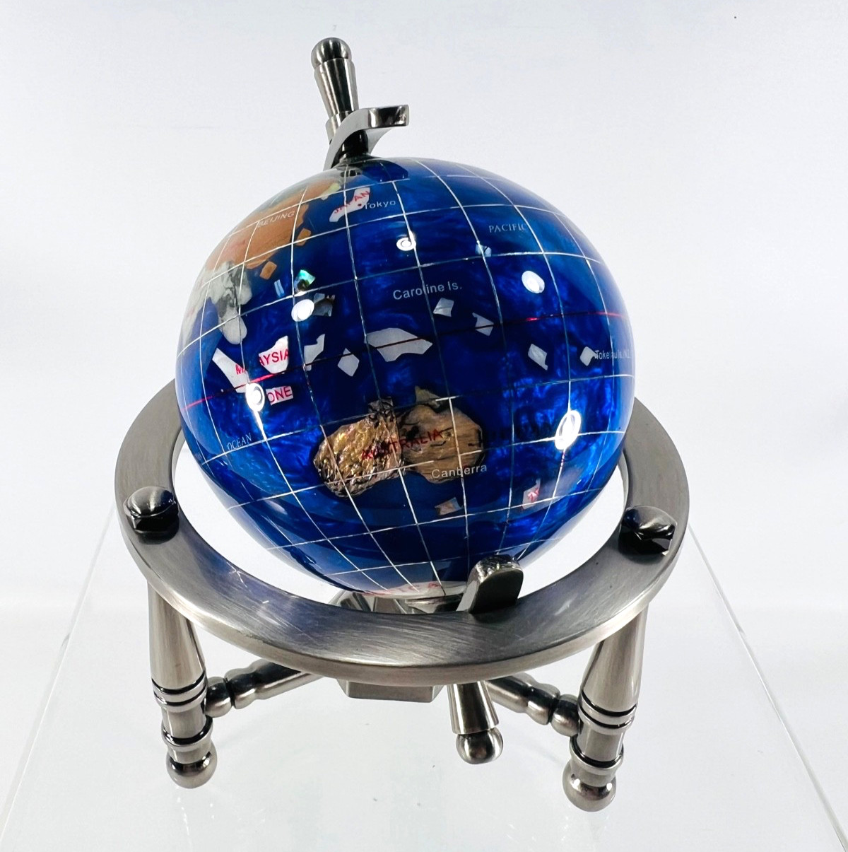 6" Mini black Gemstone World Globe with Silver Stand Tripod Office Desk Decor