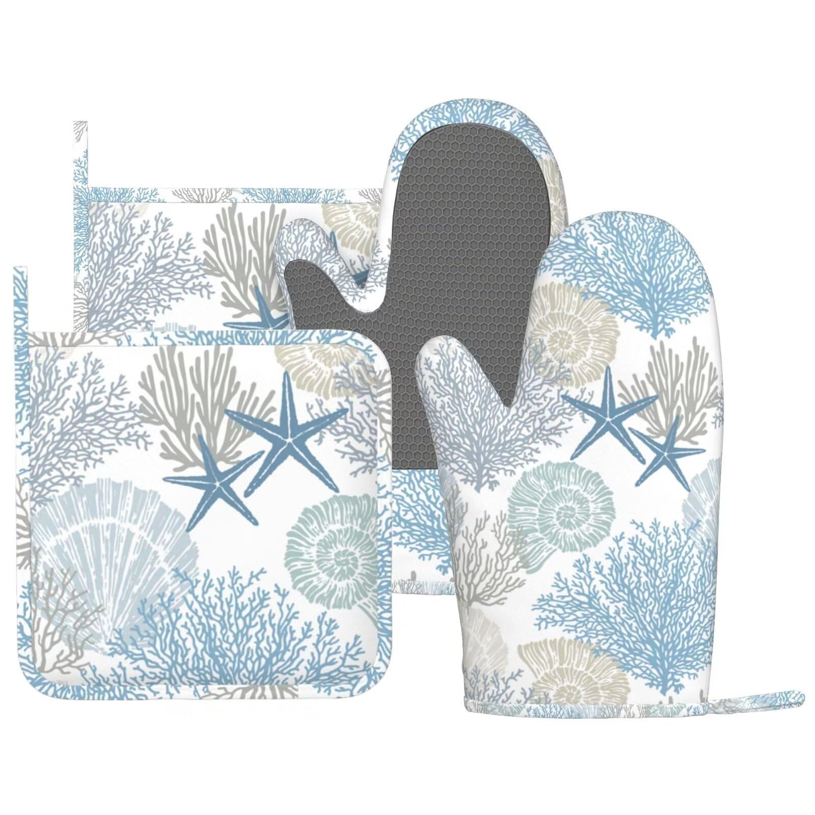 Nautical Coastal Oven Mitts Pot Holders Set Silicone Starfish Seashell Coral ...
