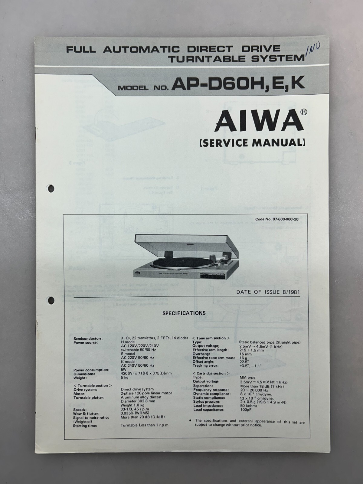 Aiwa AP-D60 Original Service Manual Free Shipping