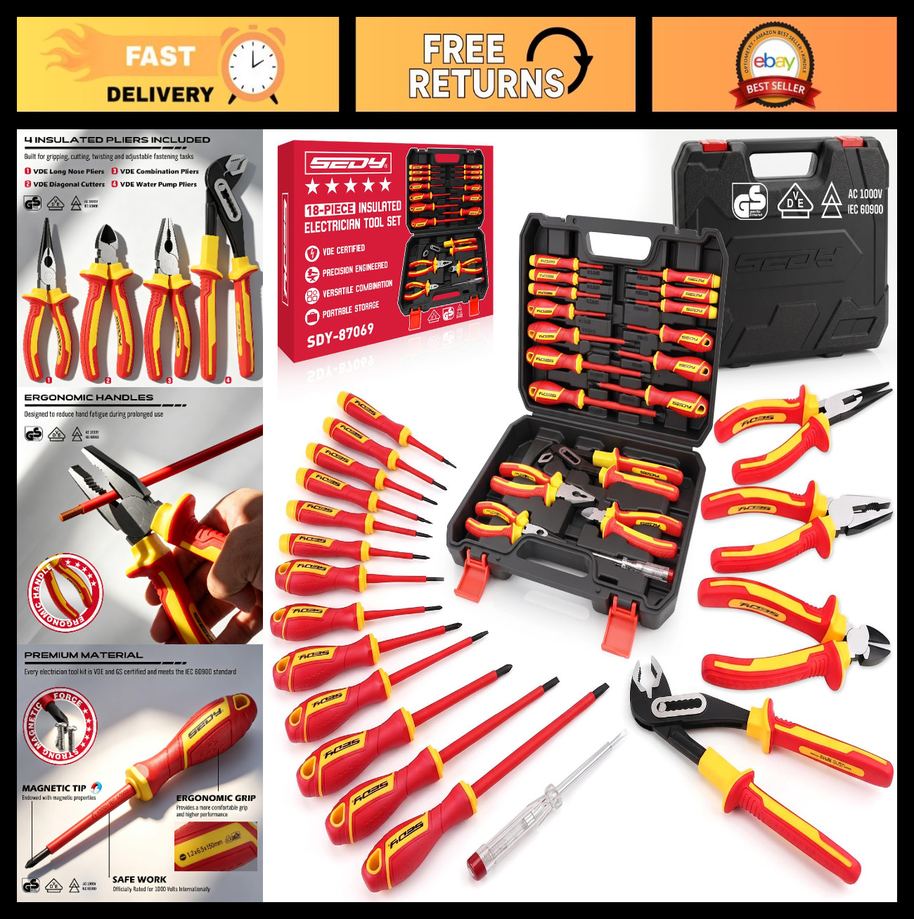 18-Piece Insulated Electrician Tool Set, VDE 1000V Screwdrivers, Pliers & Tester