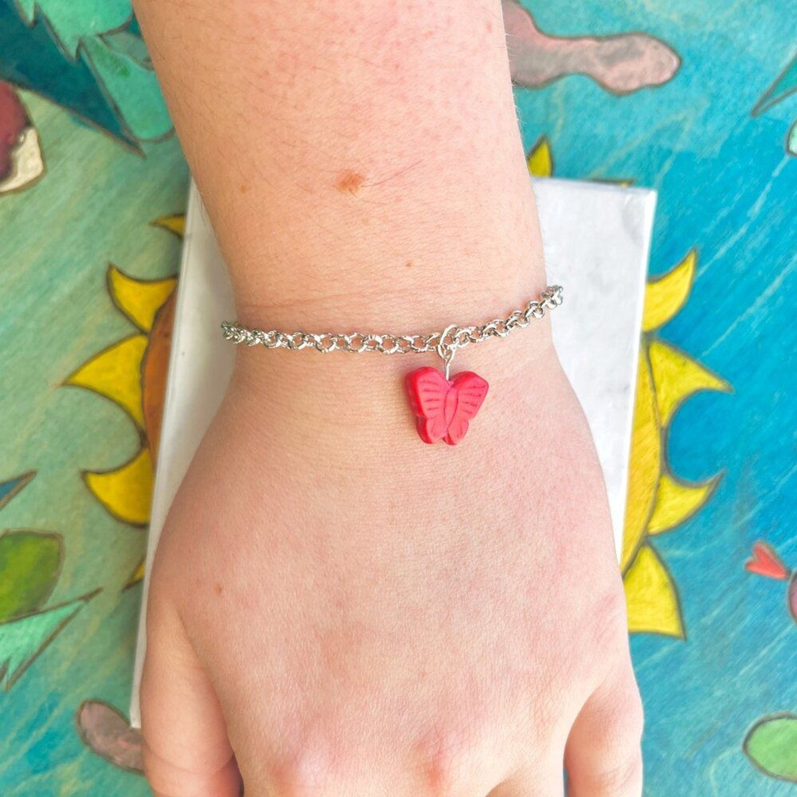 Red Butterfly Charm Silver Chain Bracelet