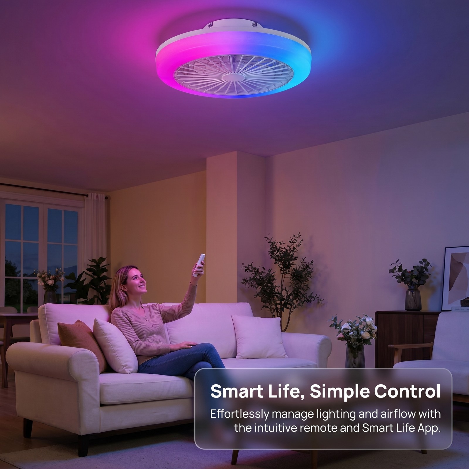 18 in Remote APP Control Smart RGB Ceiling Fan with Light White Flush Mount Kit