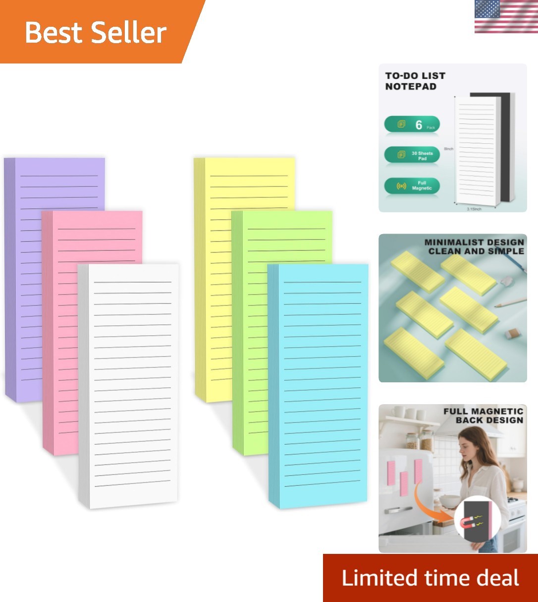 Magnetic Notepads Note Pads for Fridge with Full Magnet Back, 180 Sheets Colo...