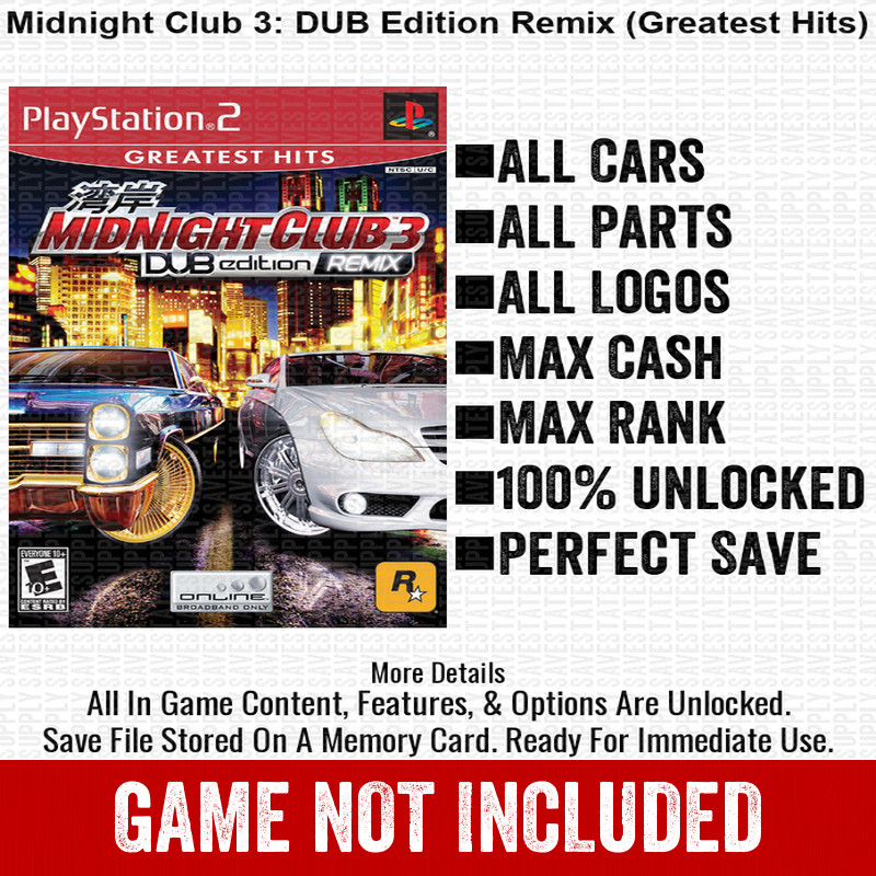 Midnight Club 3 DUB Edition Remix Greatest Hits 100% CHEATS PS2 Memory Card