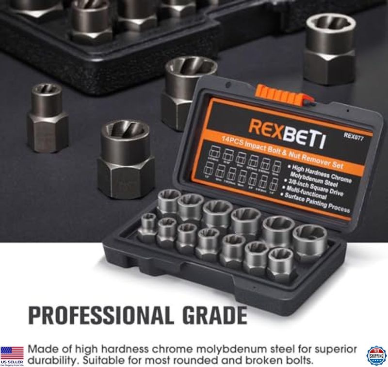 REXBETI 13+1 Piece Impact Bolt & Nut Extractor Set with Durable Storage Case