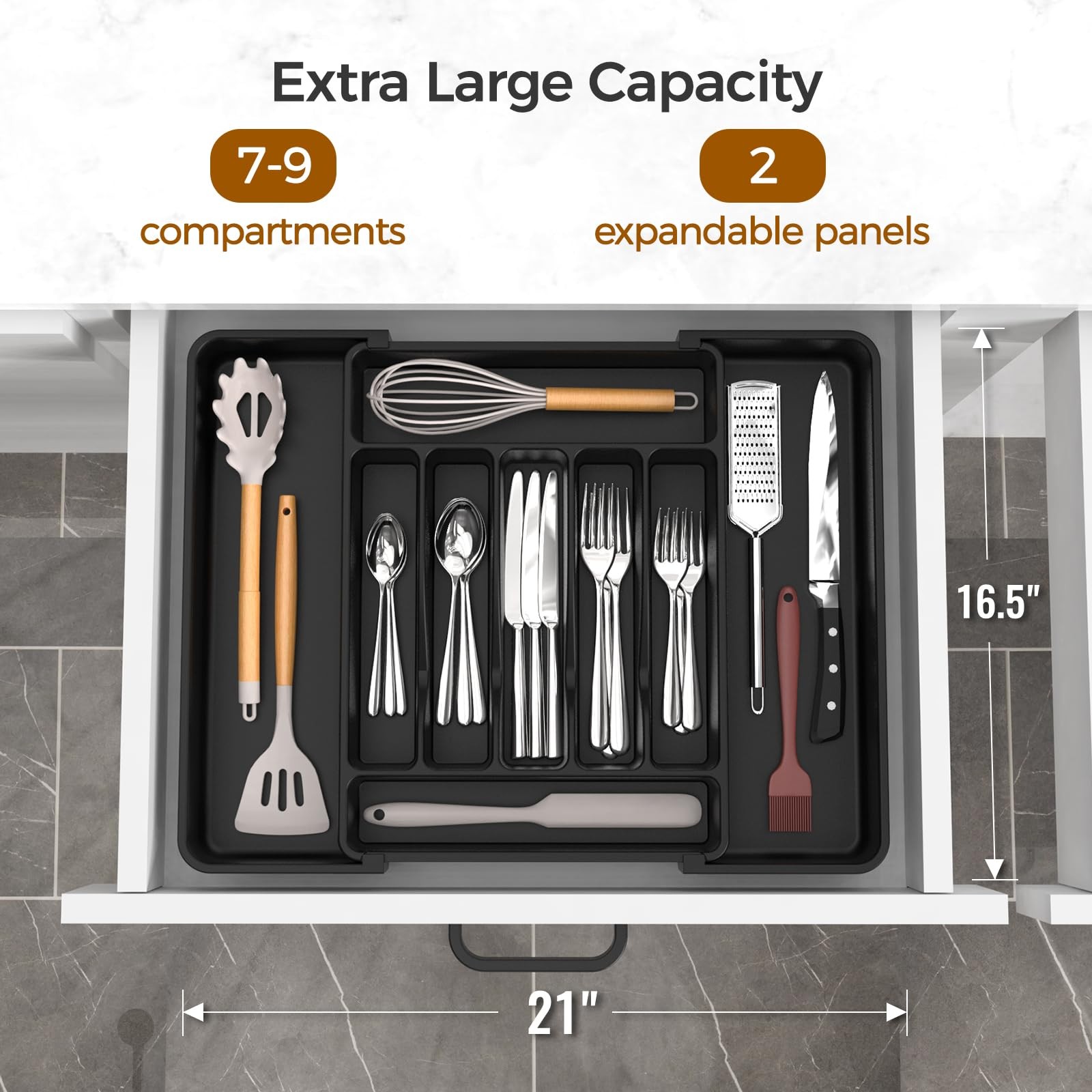 Expandable Silverware Organizer, Adjustable Cutlery Drawer Organizer, Black