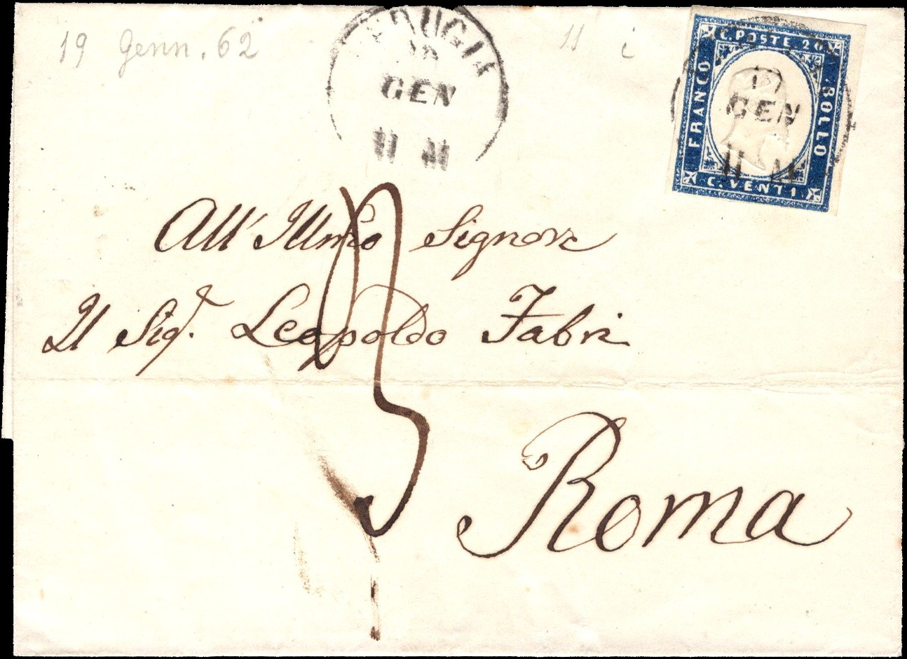 Sardinia 1862 Pre-Philatelic Cover Rieti to Roma