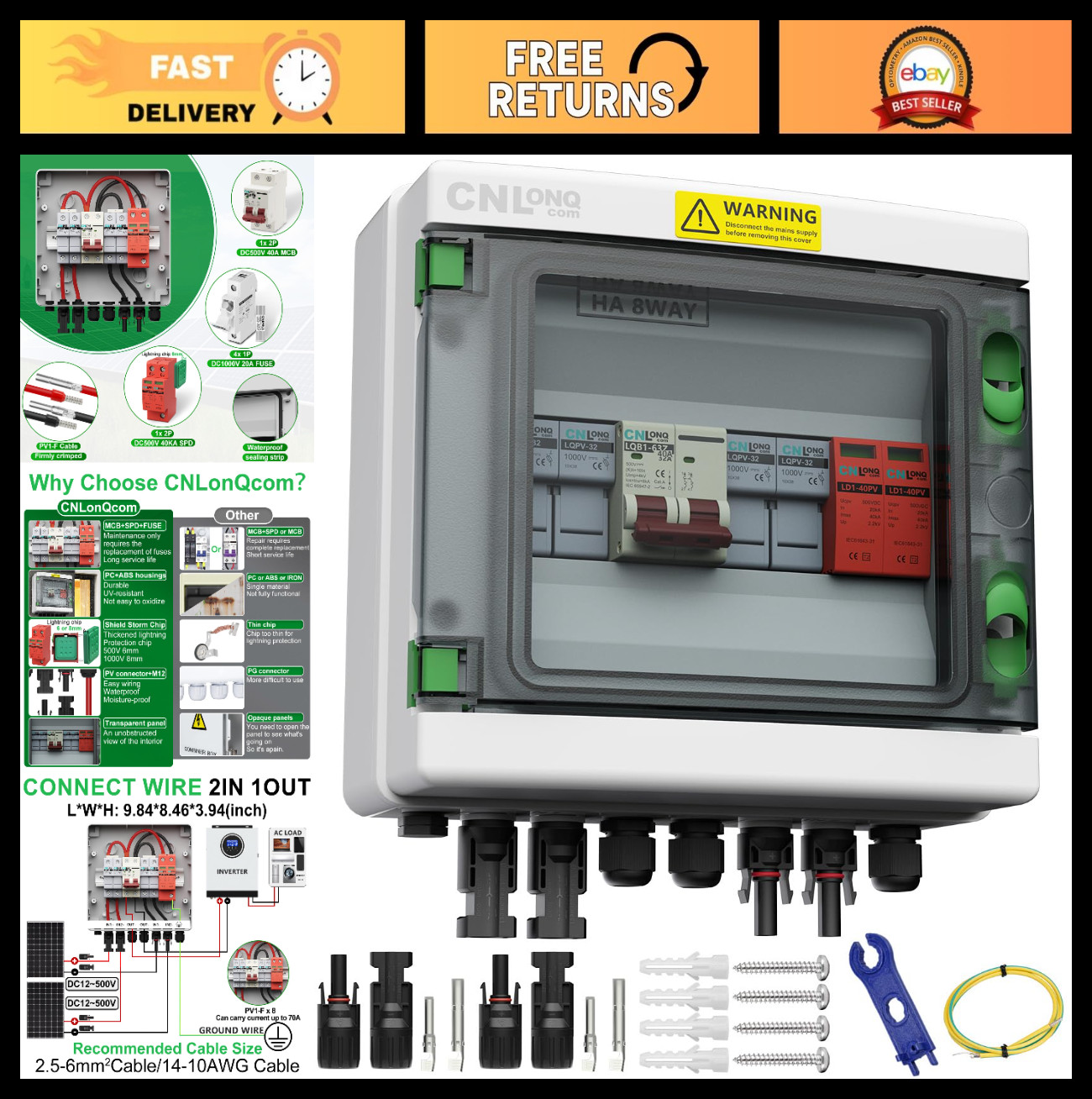 2 String Solar PV Combiner Box IP65, 40A Circuit Breaker, Surge Protector, 20A F