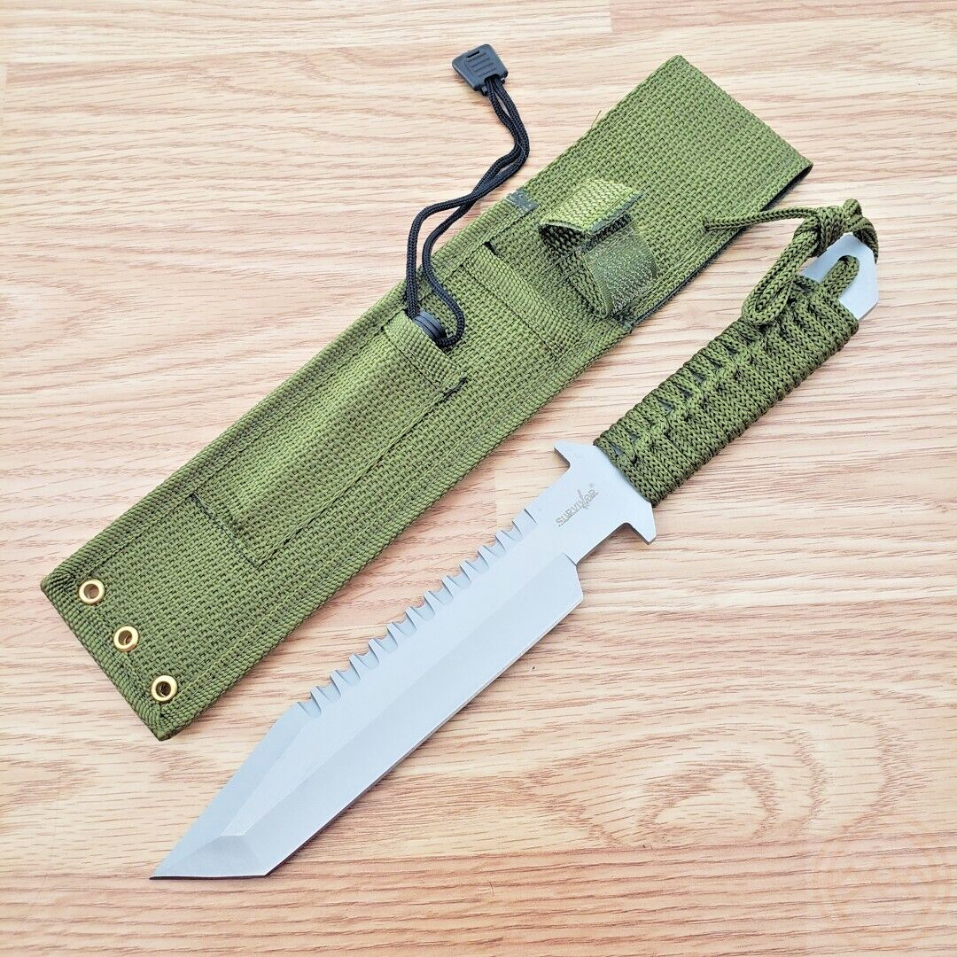 Survival Knife 6" Stainless Tanto Blade w/Sawback Green Cord Wrapped Handle