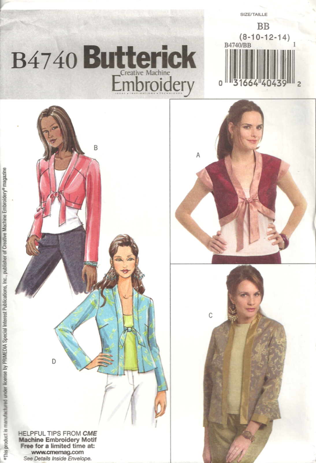 BUTTERICK B4740 MISSES' SIZE 8-14 JACKETS SEWING PATTERN ©2006