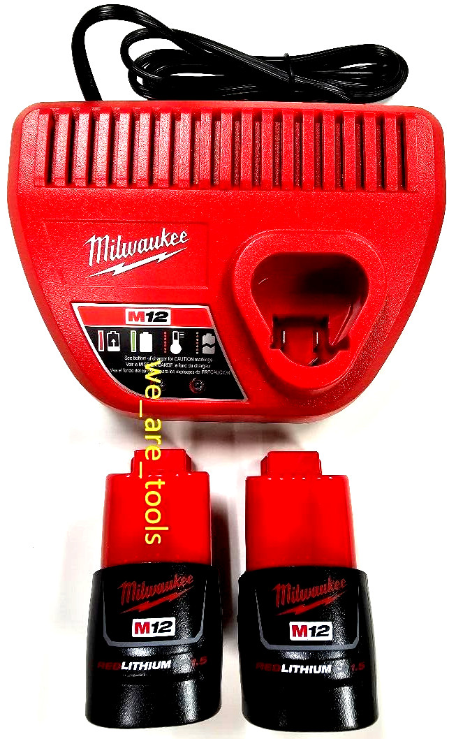 2) New Genuine Milwaukee M12 48-11-2401 1.5 AH Batteries,  & M12 Charger 12V