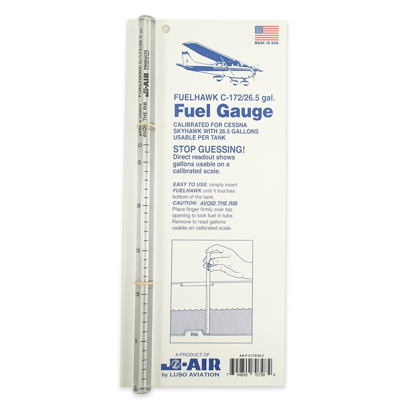 J-Air FUELHAWK C-172 26.5 gallon Fuel Gauge Dip Stick Tube, Cessna Luso Aviation