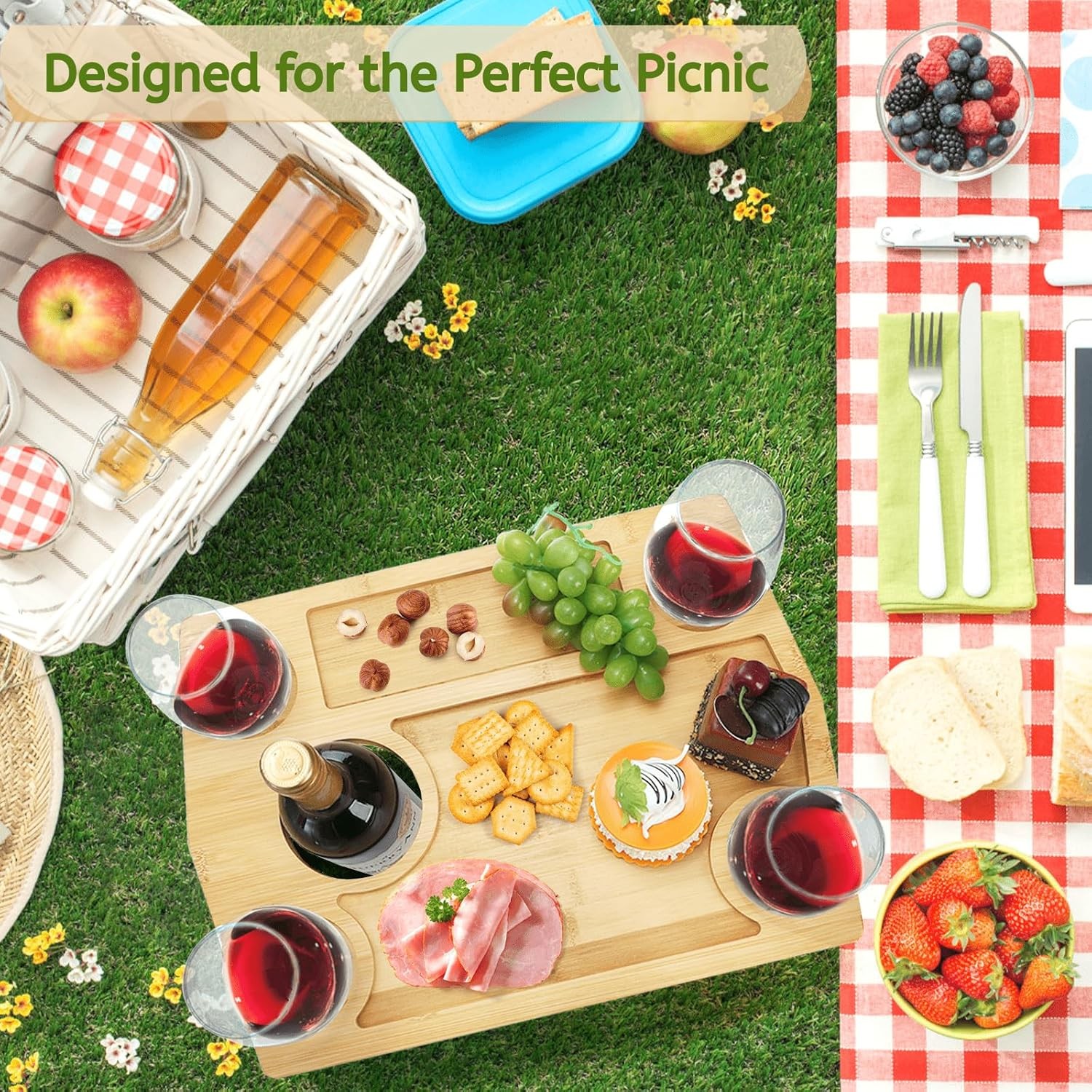 Portable Wine Picnic Table with Glass Holder, Foldable Durable Picnic