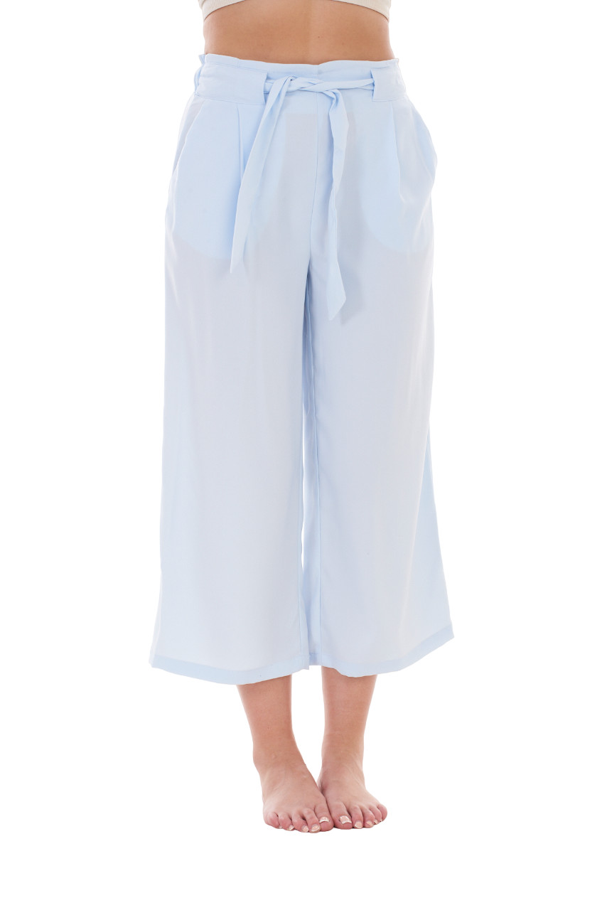 Ladies Tie High Waist Three Quarter Pants Blue Capri Culotte Crop Trousers