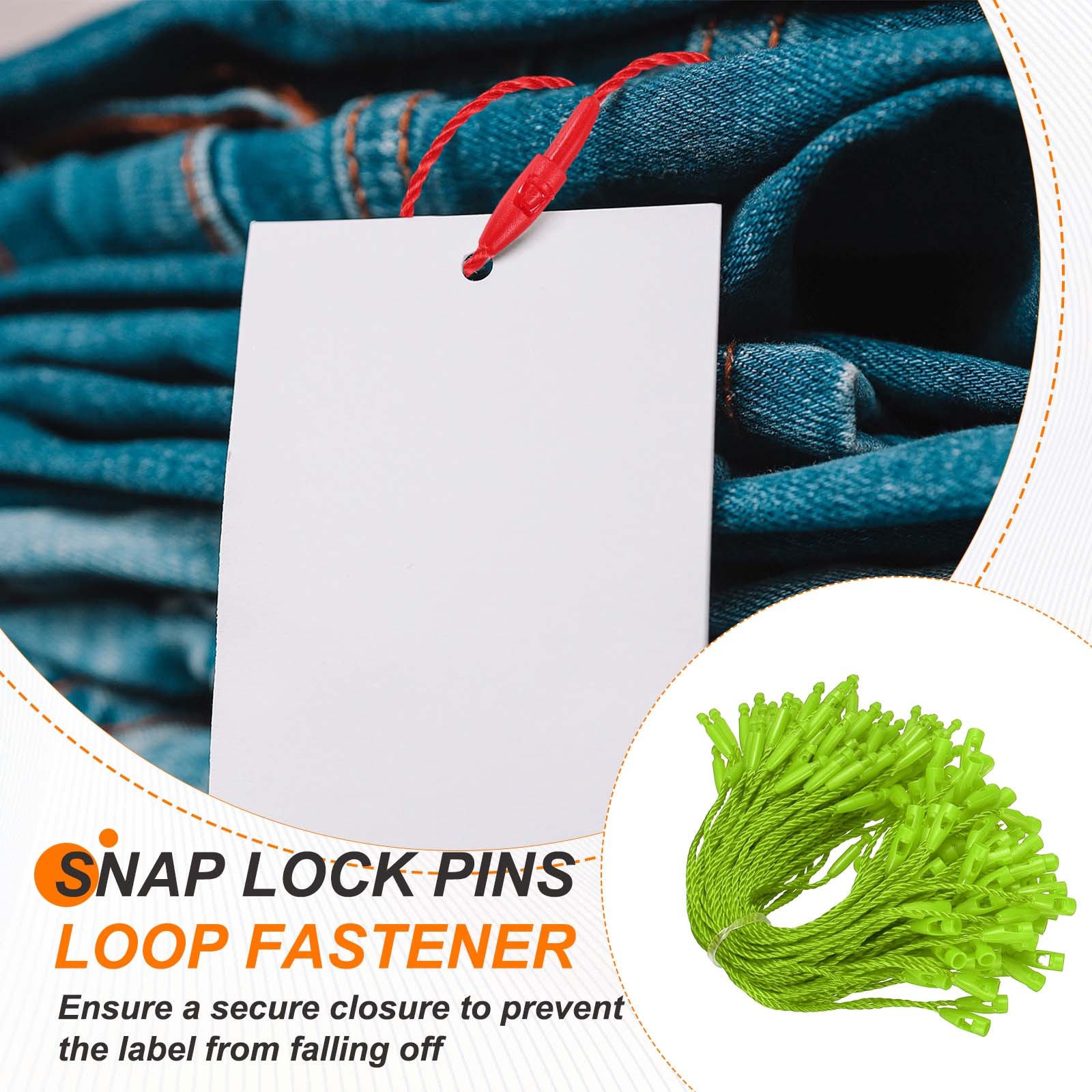 500 Pcs Polyester Hang Tag String 5" Snap Lock Pins Loop Fastener, Bright Green