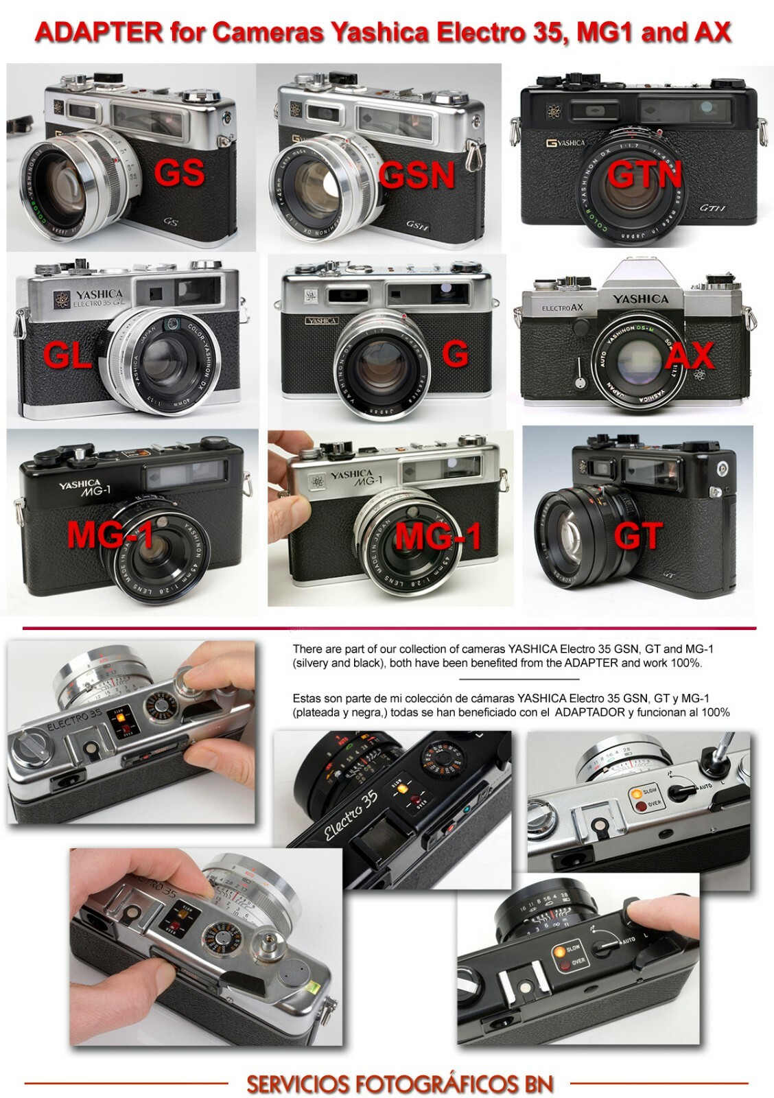 ADAPTER + BATTERY + KIT: YASHICAS Electro 35 G, GL, GS ,GT, GTN, GSN, MG-1, Ax