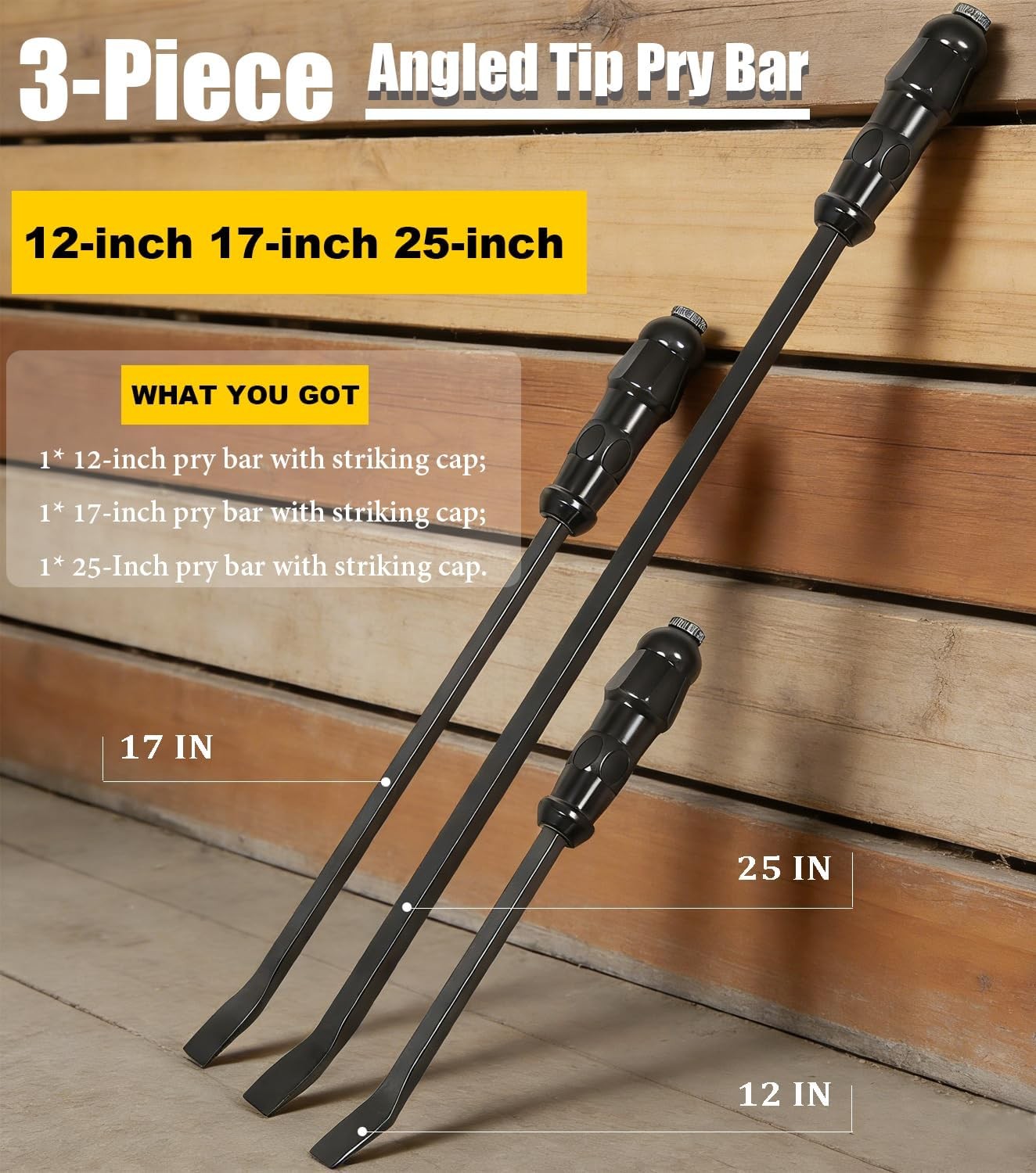 Angled End Handled Pry Bar with Striking Cap Set Steel 12, 17, 25 in. Heavy Duty