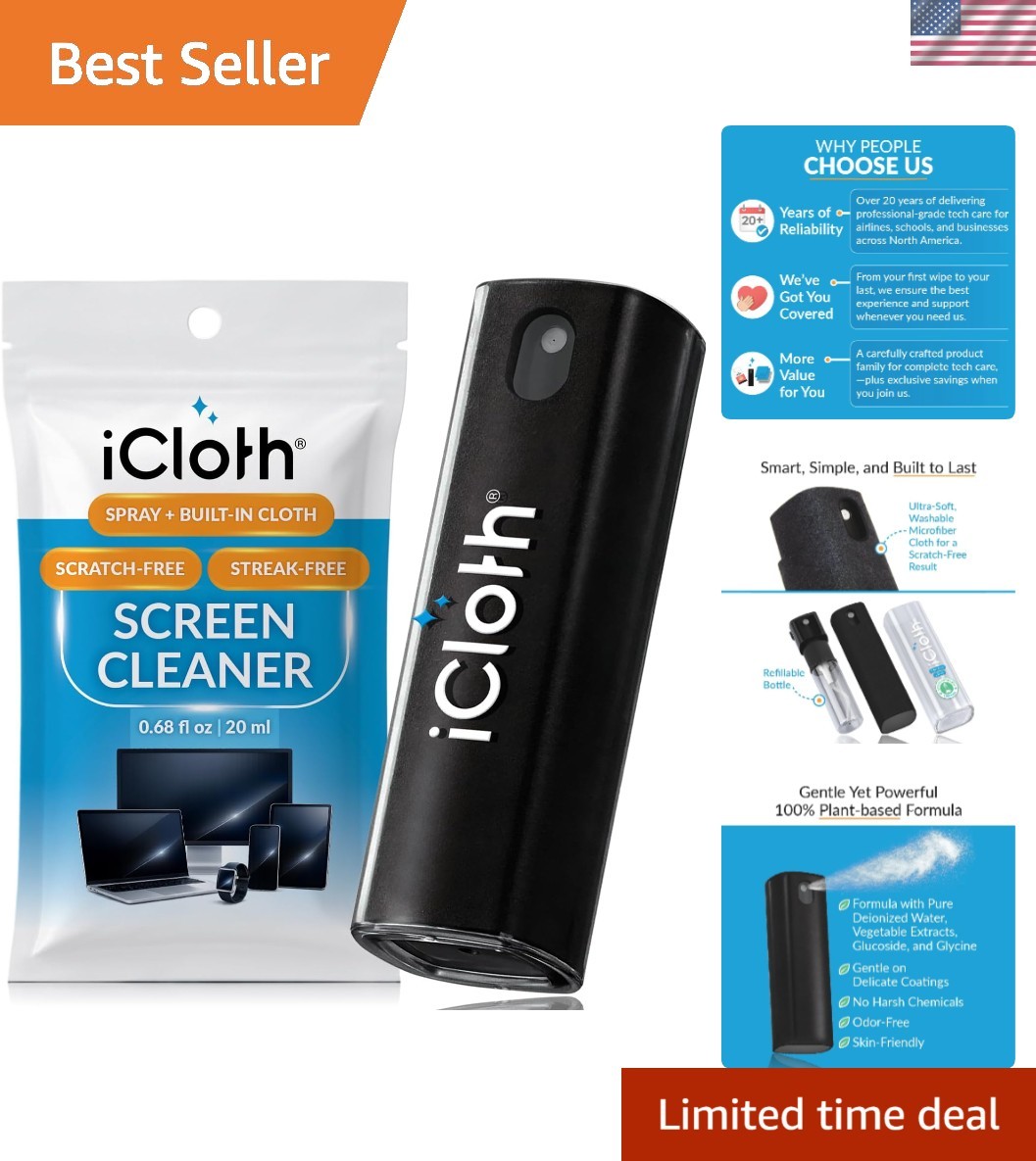 Gentle Streak-Free Screen Cleaner Spray with Built-in Cloth - Travel Size 20ml