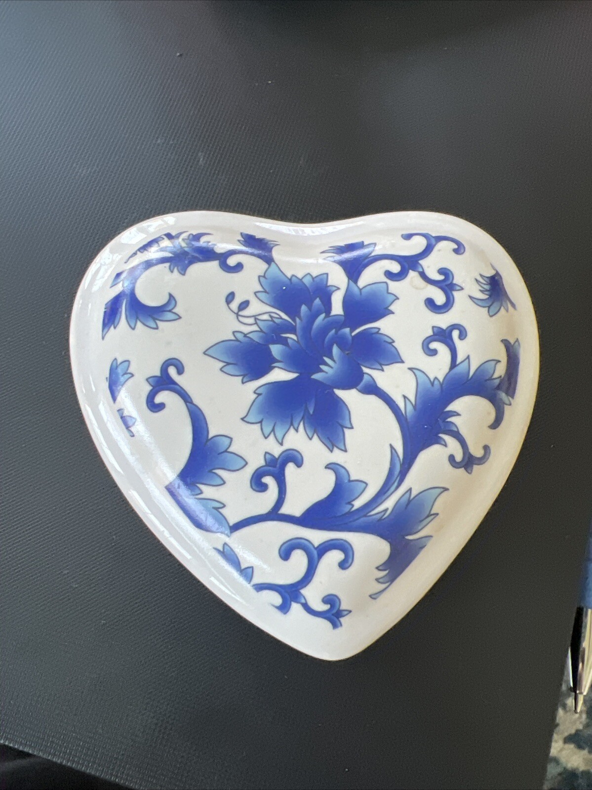 Heart Shaped Trinket Box Blue & White Floral 3”x 3”x 2” Beautiful