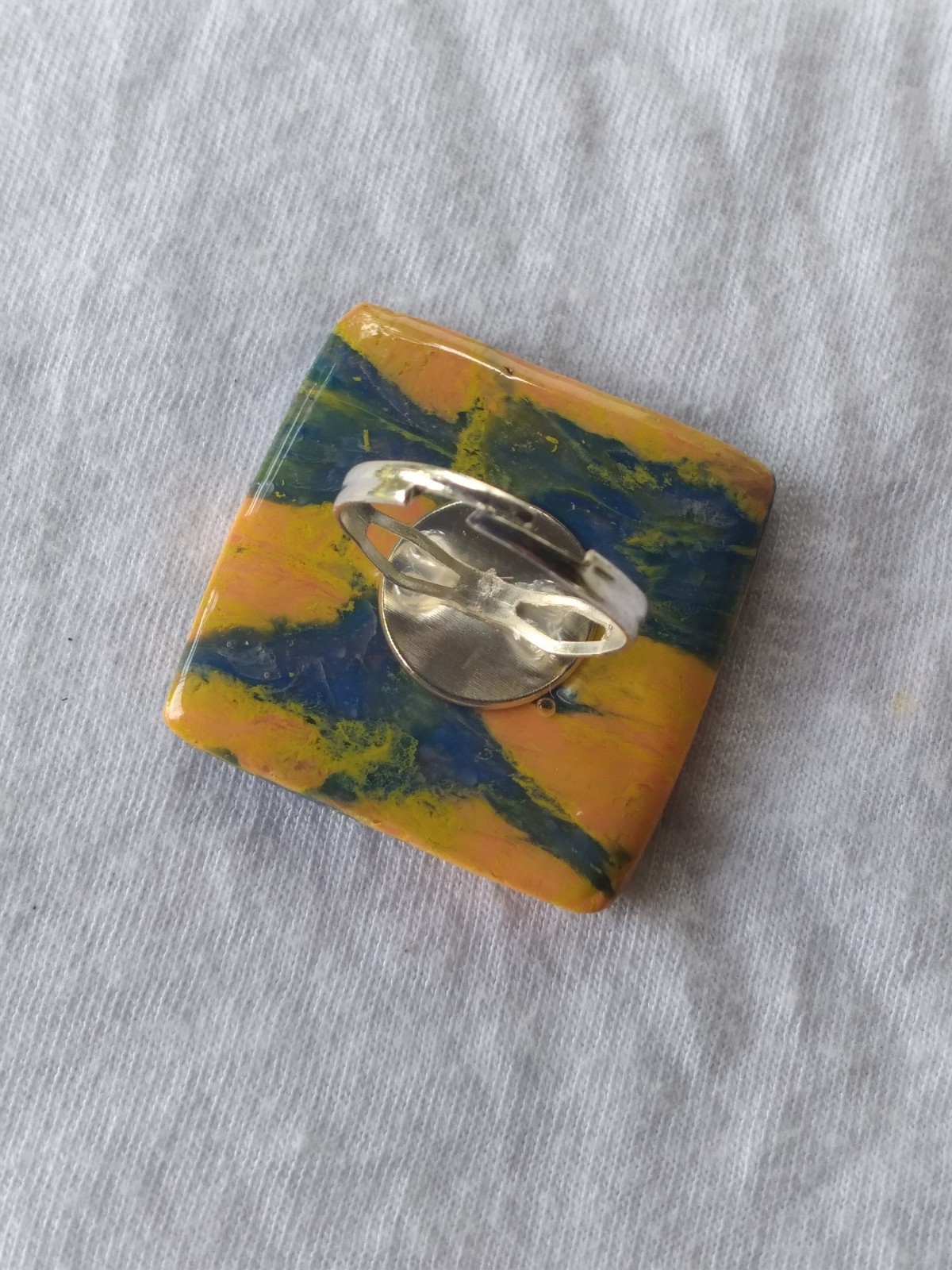 Handcrafted Silver Adjustable Polymer Clay Ring Square Blue Yellow Marbled