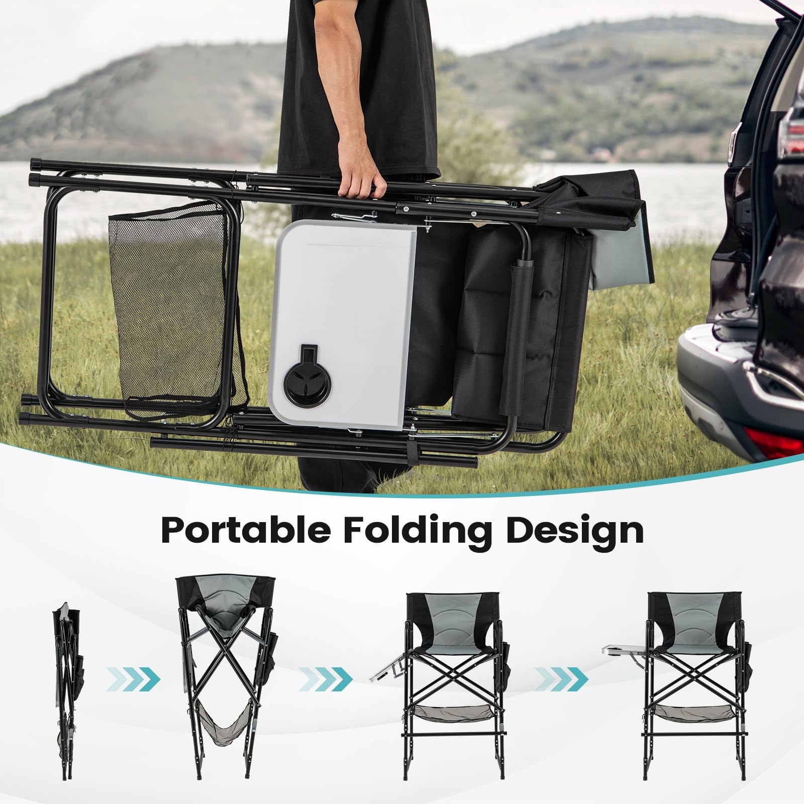 Folding Directors Chair 46in Makeup Chair 31in Seat Height with Side Table