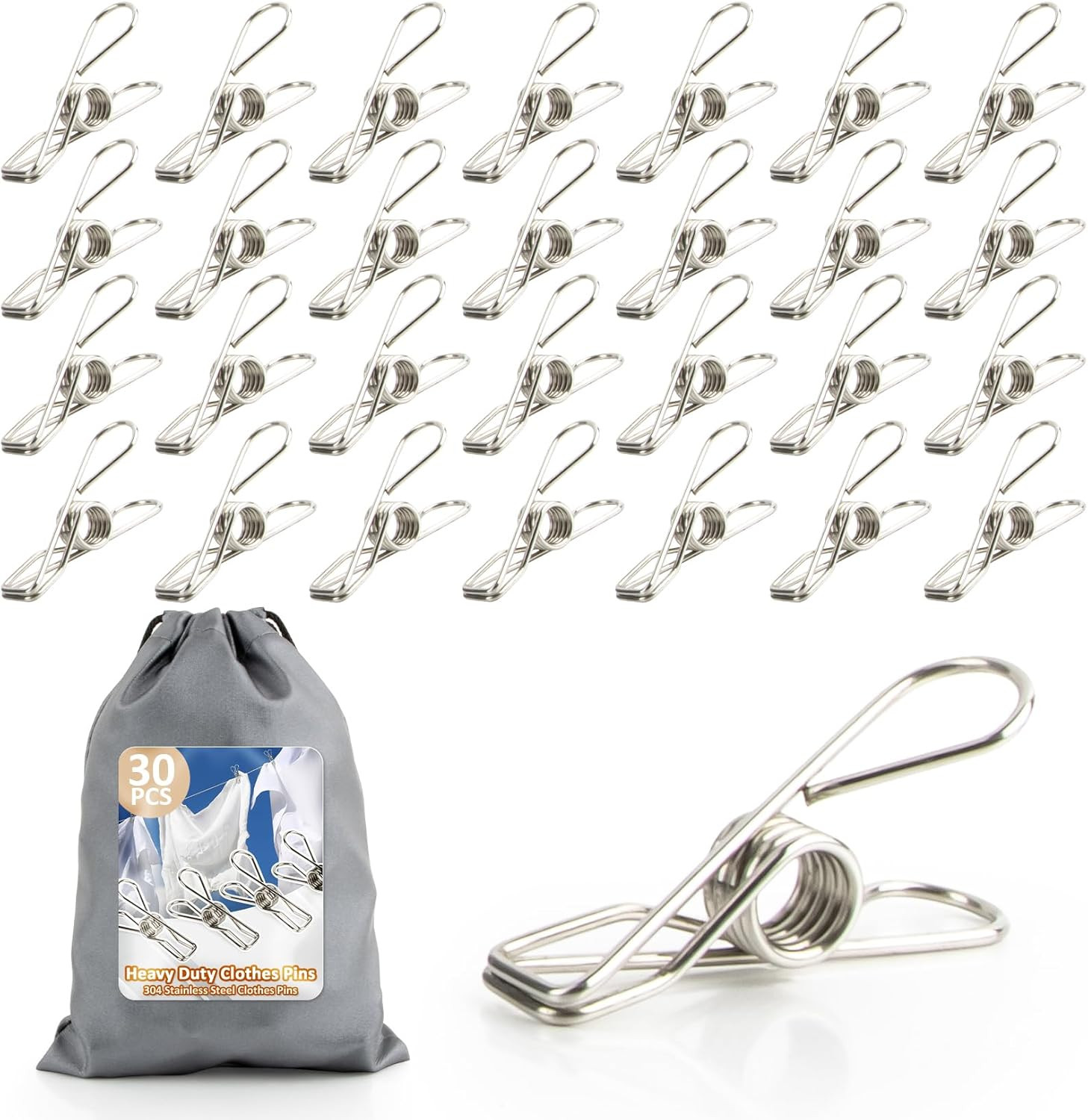 30PCS Heavy Duty Stainless Steel Clothes Pins, Laundry Clips with Waterproof Bag