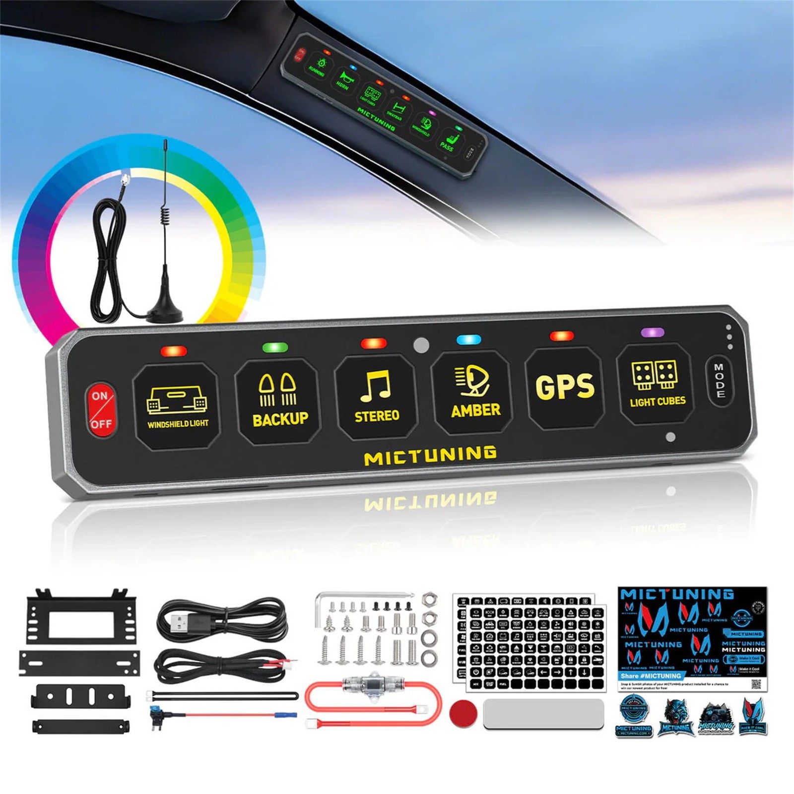 MICTUNING Wireless 6 Gang Switch Panel On/Off LED Relay System Kit 12v/24v Boat