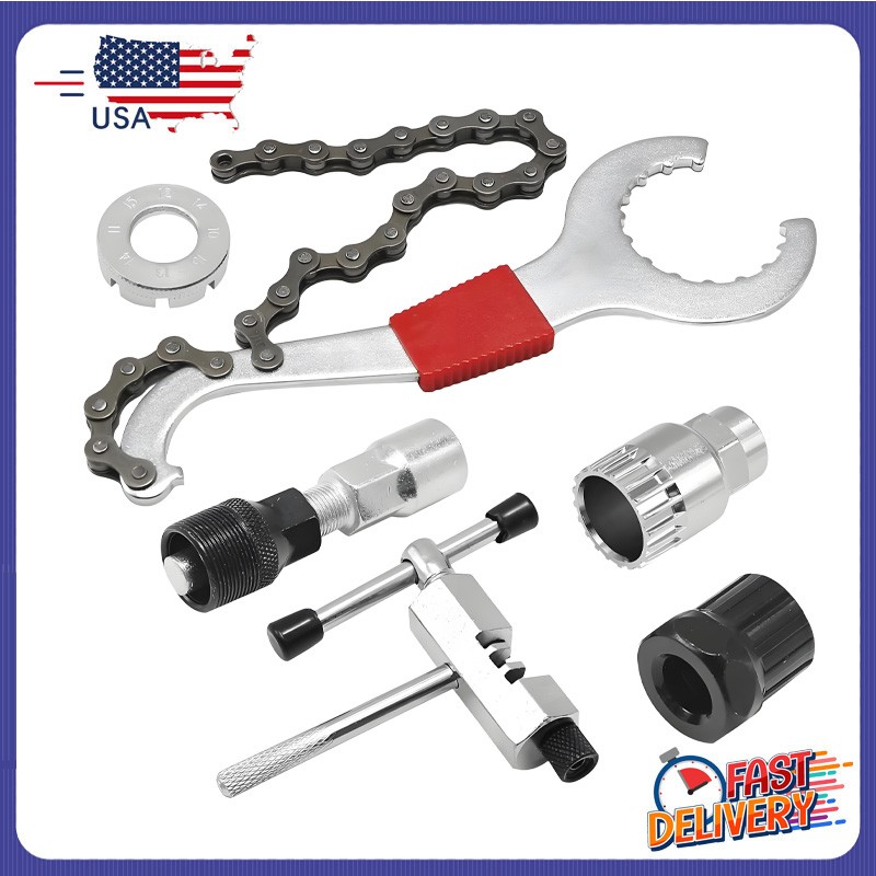 6PCS New Bike Tool Kit w/ 3-in-1 Cassette Remover Wrench Crank Puller Extractor