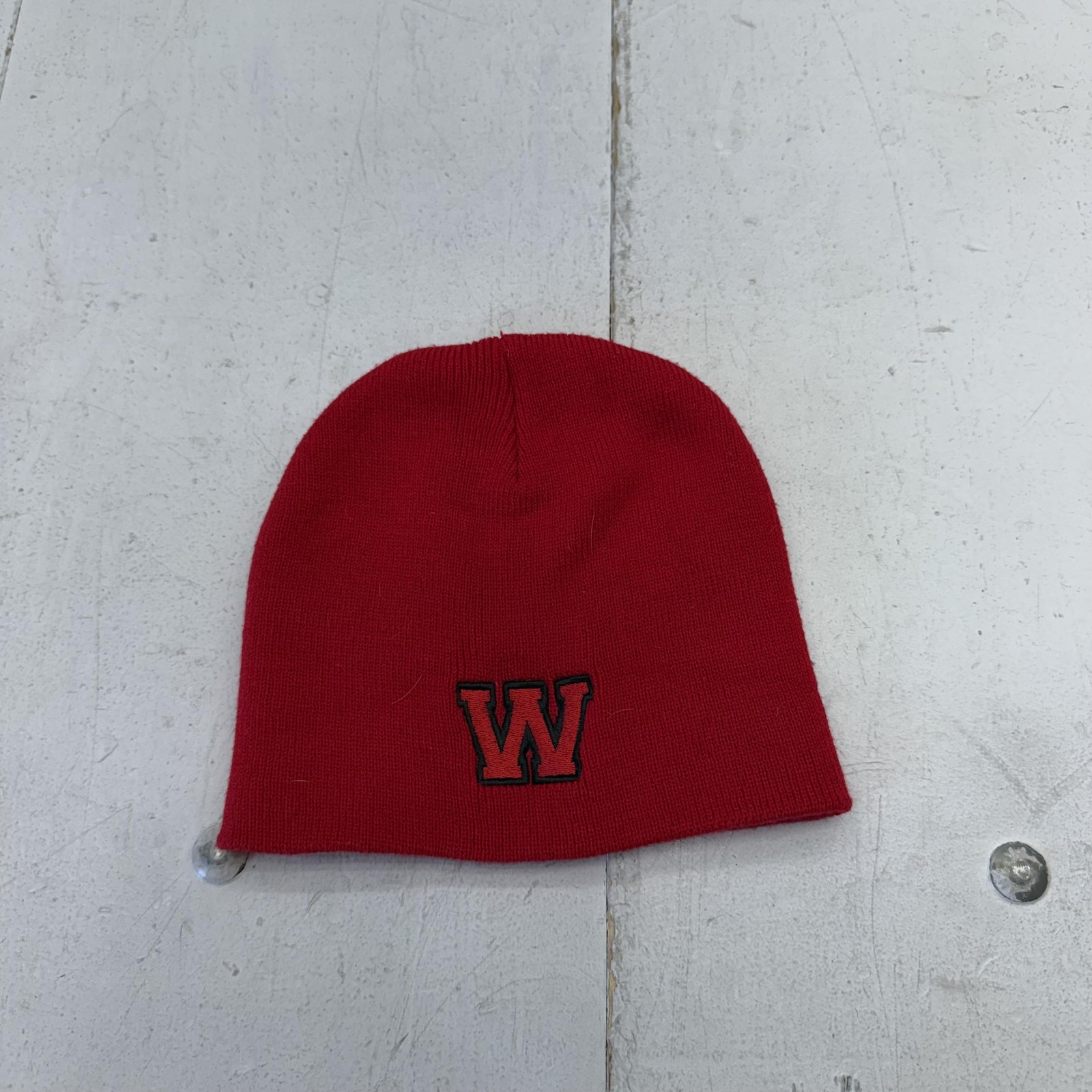 Hat Beanie Youth Boys One Size Red Knit Solid W Logo Stretch Winter