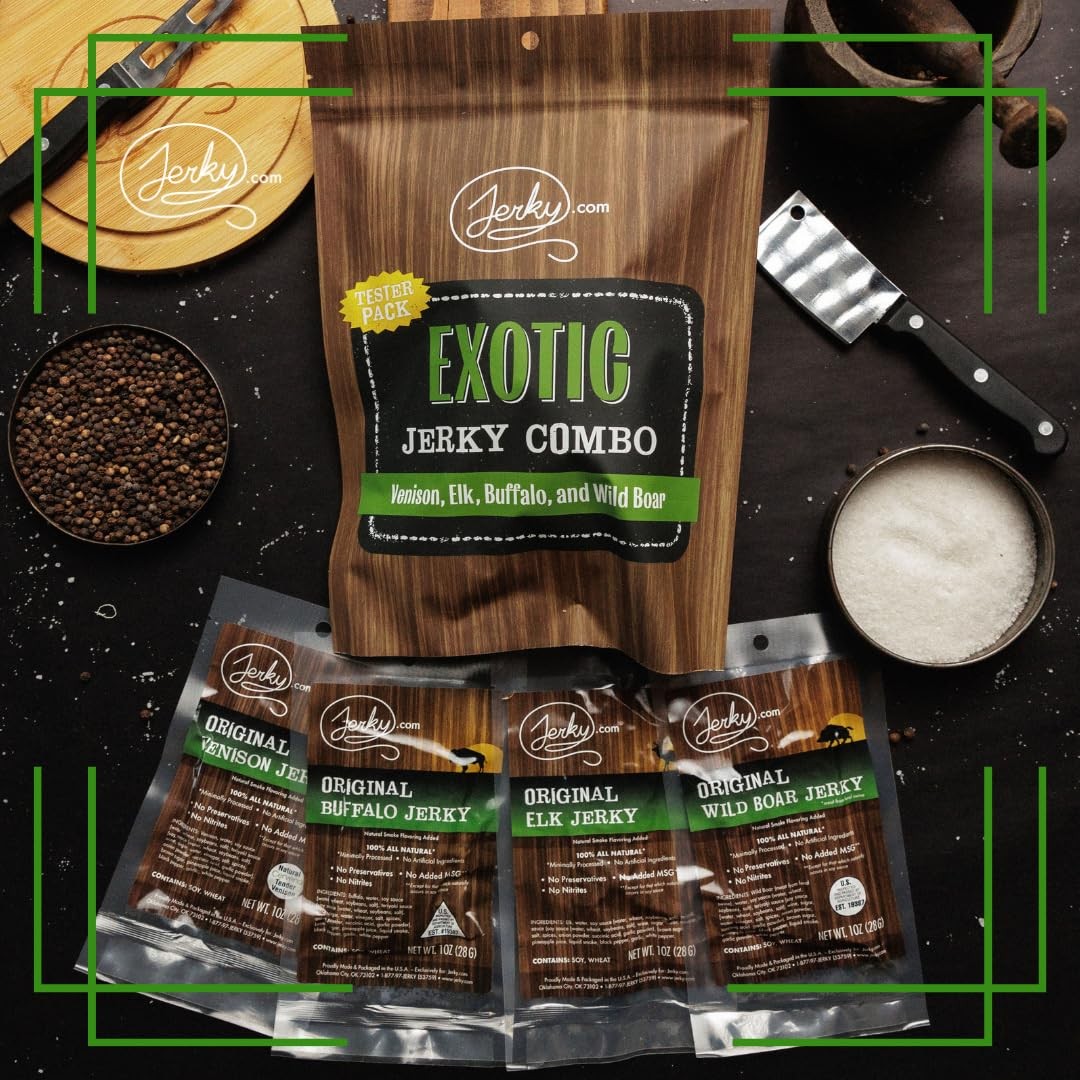 Exotic Jerky Variety Pack | 4pc Wild Game Snacks Sampler with Venison, Elk, B...