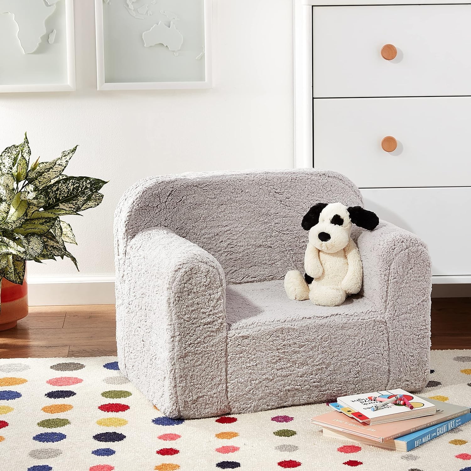 Children Cozee Sherpa Chair Reading Arm Rest Foam Cushion Armchairs Grey