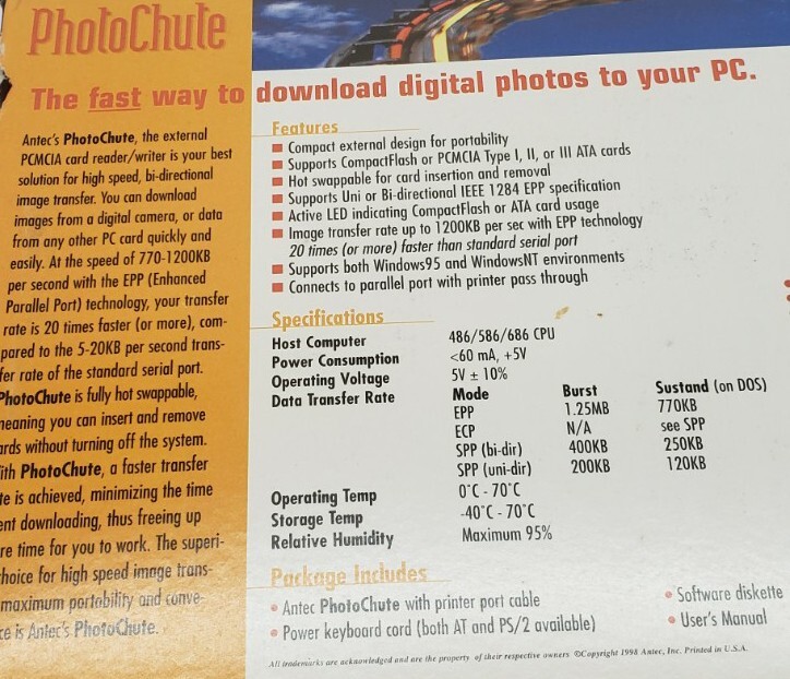 Vintage Antec PhotoChute Digital Camera PC connection complete adapter
