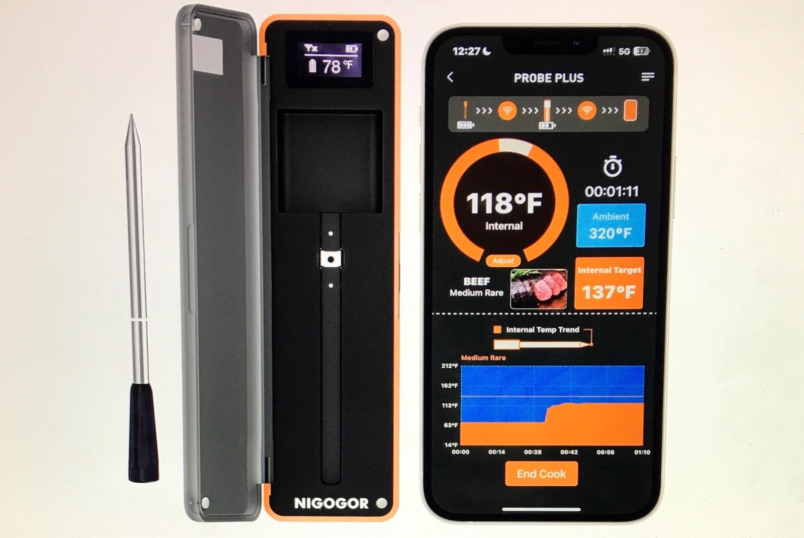 NIGOGOR Smart Wireless Meat Thermometer W/Thinnest Probe, Bluetooth, App, Sealed