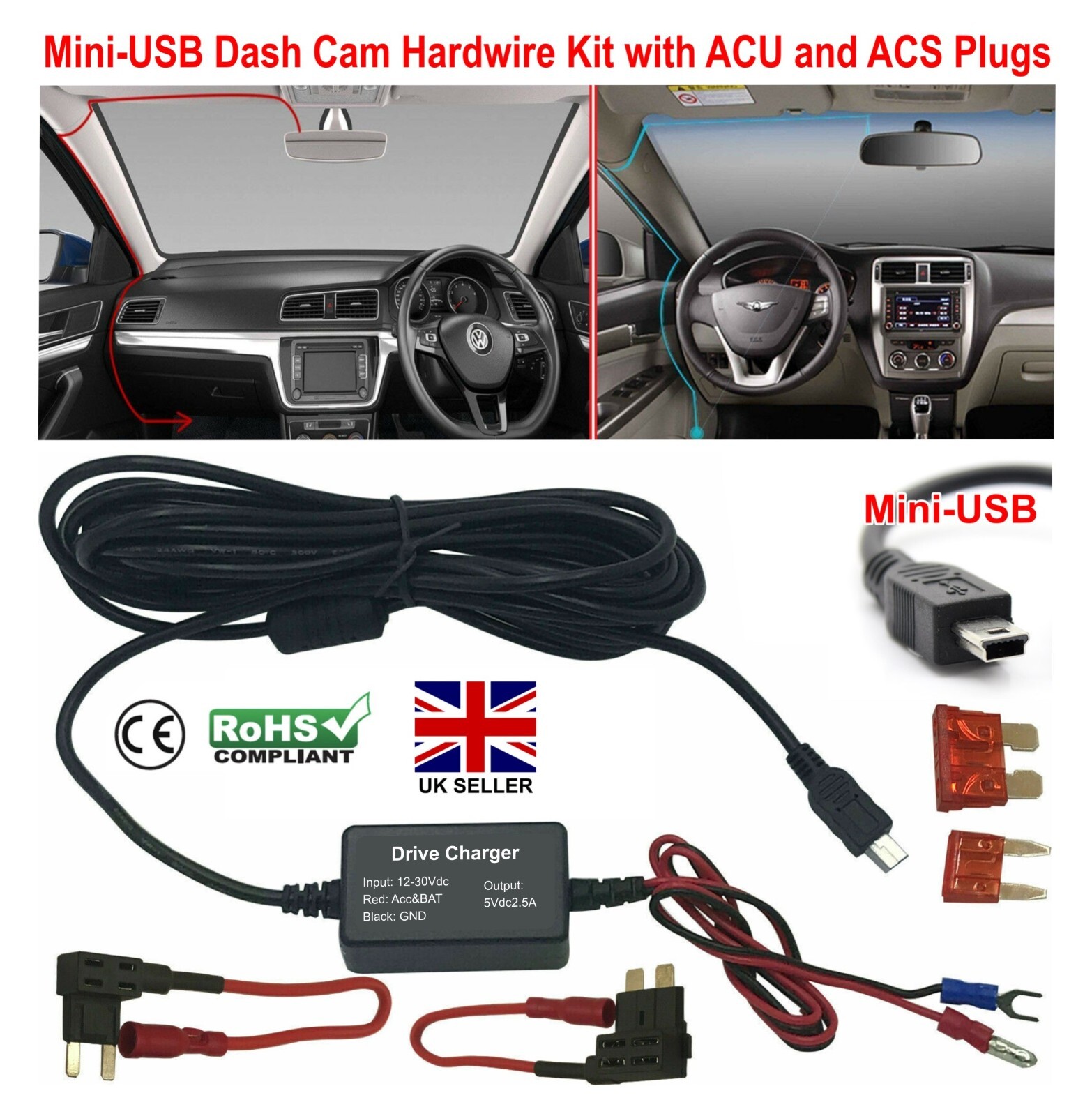 Mini USB Car Hard Wire Kit Box HardWire Charger Adapter For Dash Cam Camera DVR