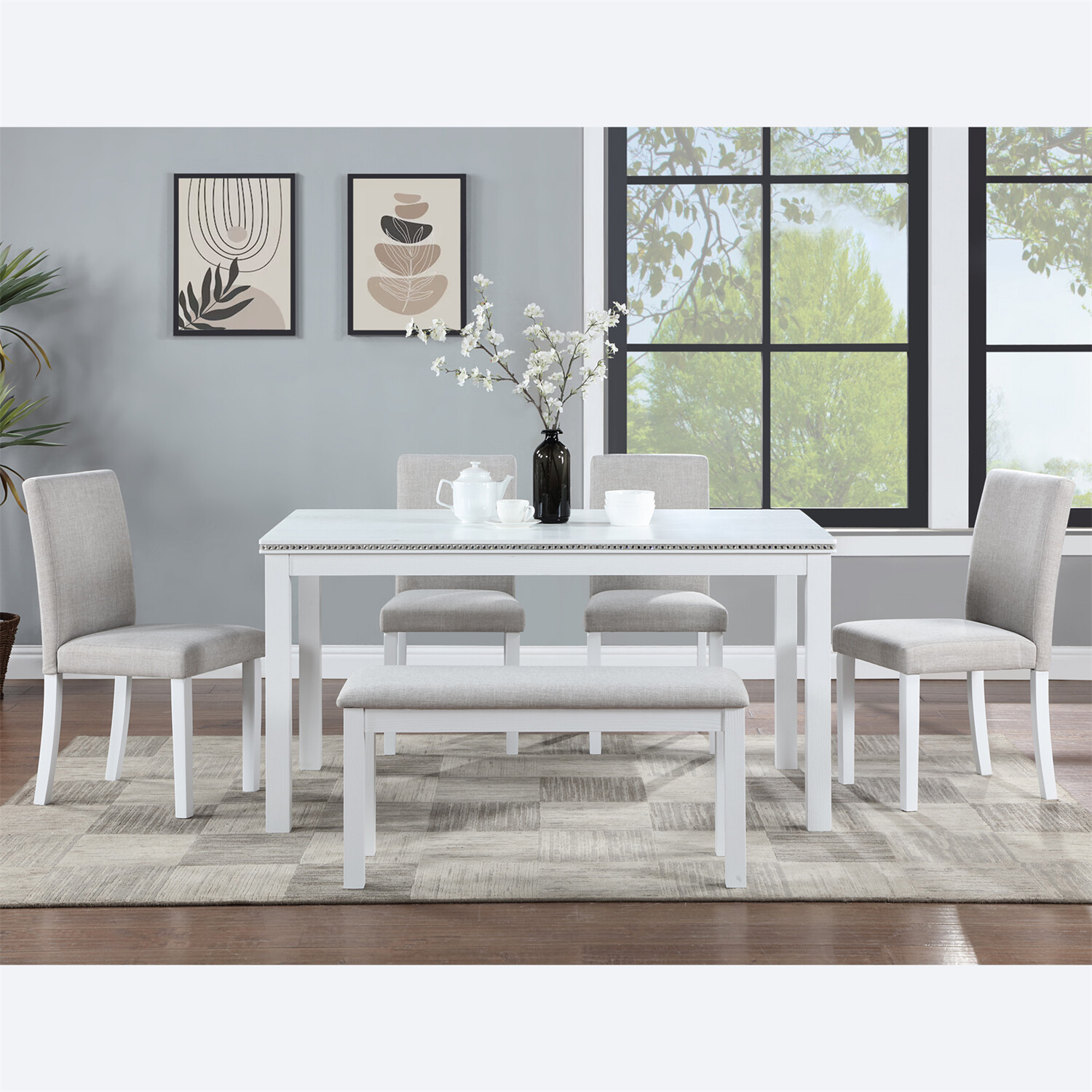 6 Piece Dining Table Set Kitchen Table Wooden Dining Table with 4 Chairs & Bench