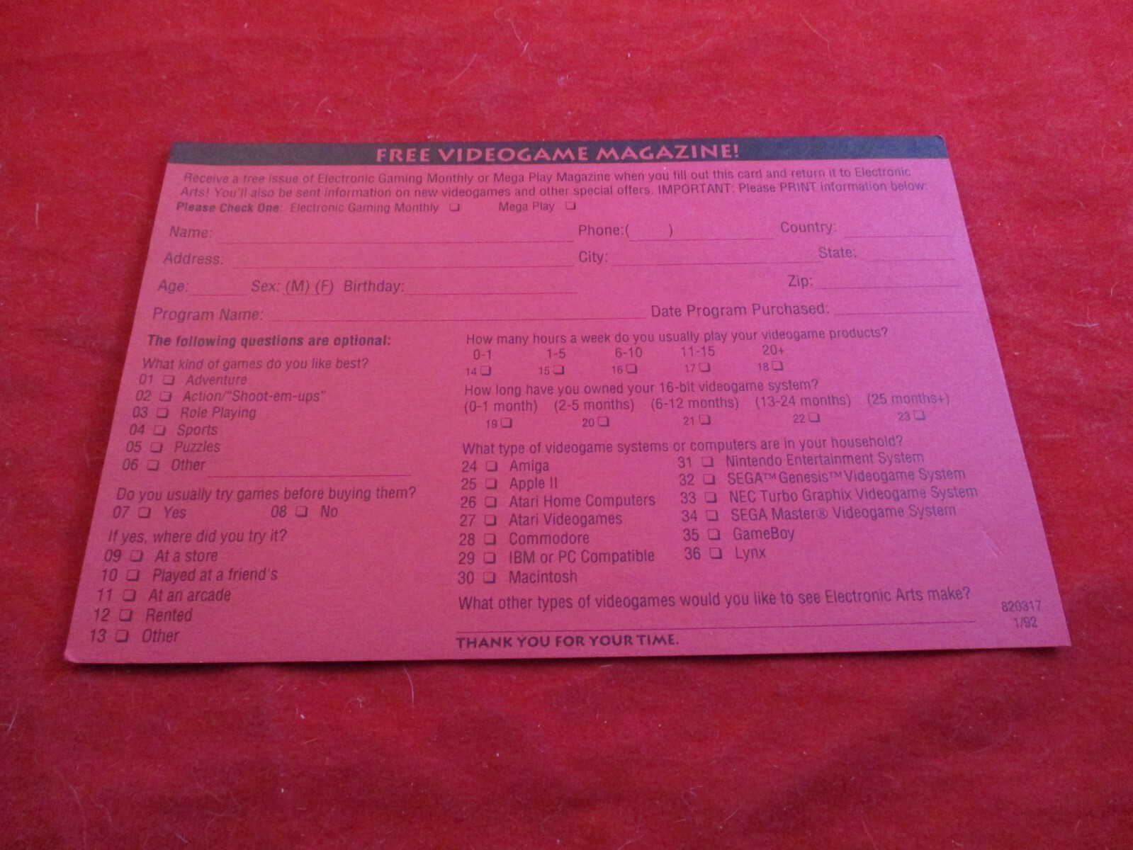 Electronic Arts EA Registration Card Offer Red Insert ONLY