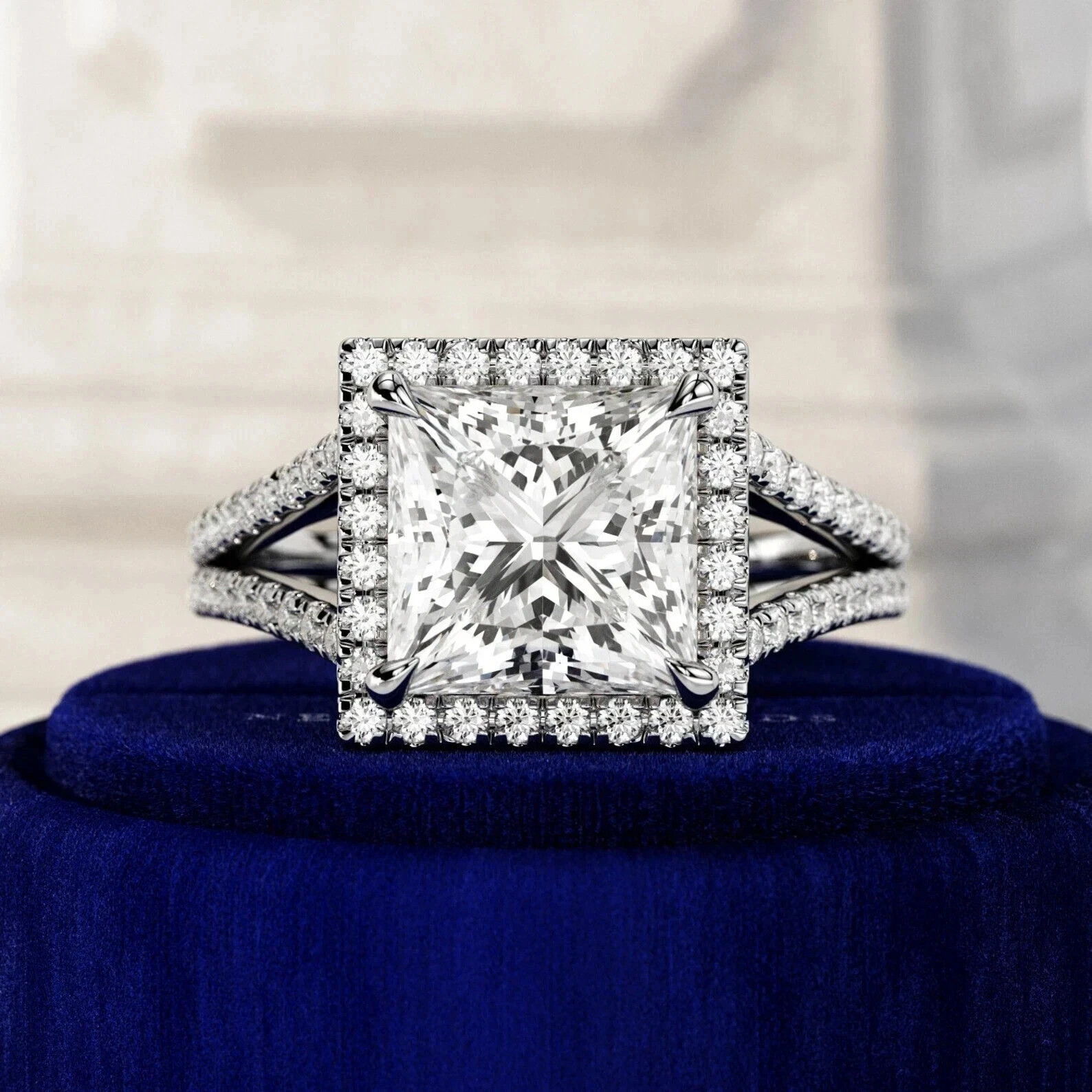 3.10 Ct Moissanite Princess Cut Halo Setting Wedding Engagement Ring