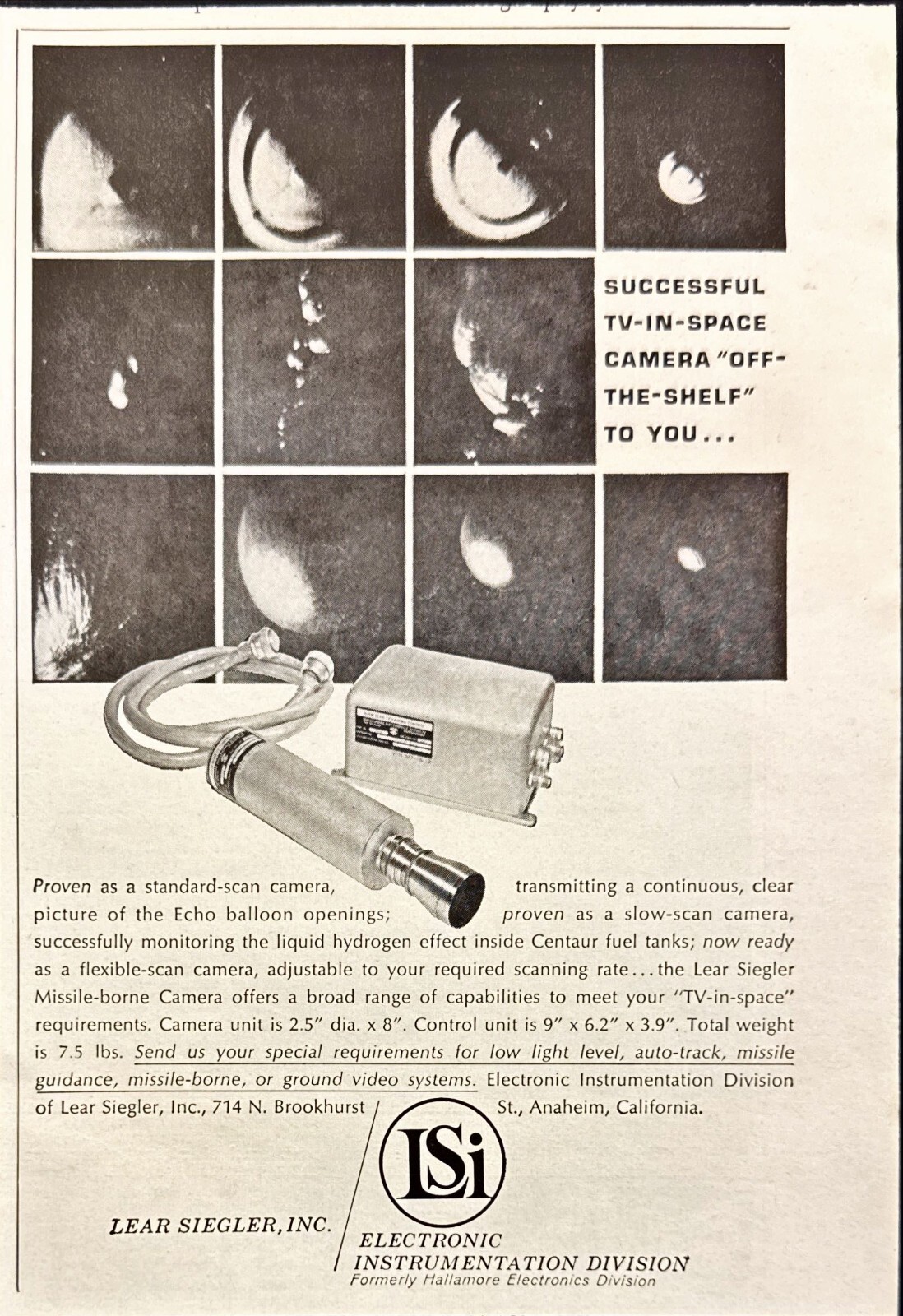 Lear Siegler TV In Space Camera Anaheim CA Vtg Print Ad 1963