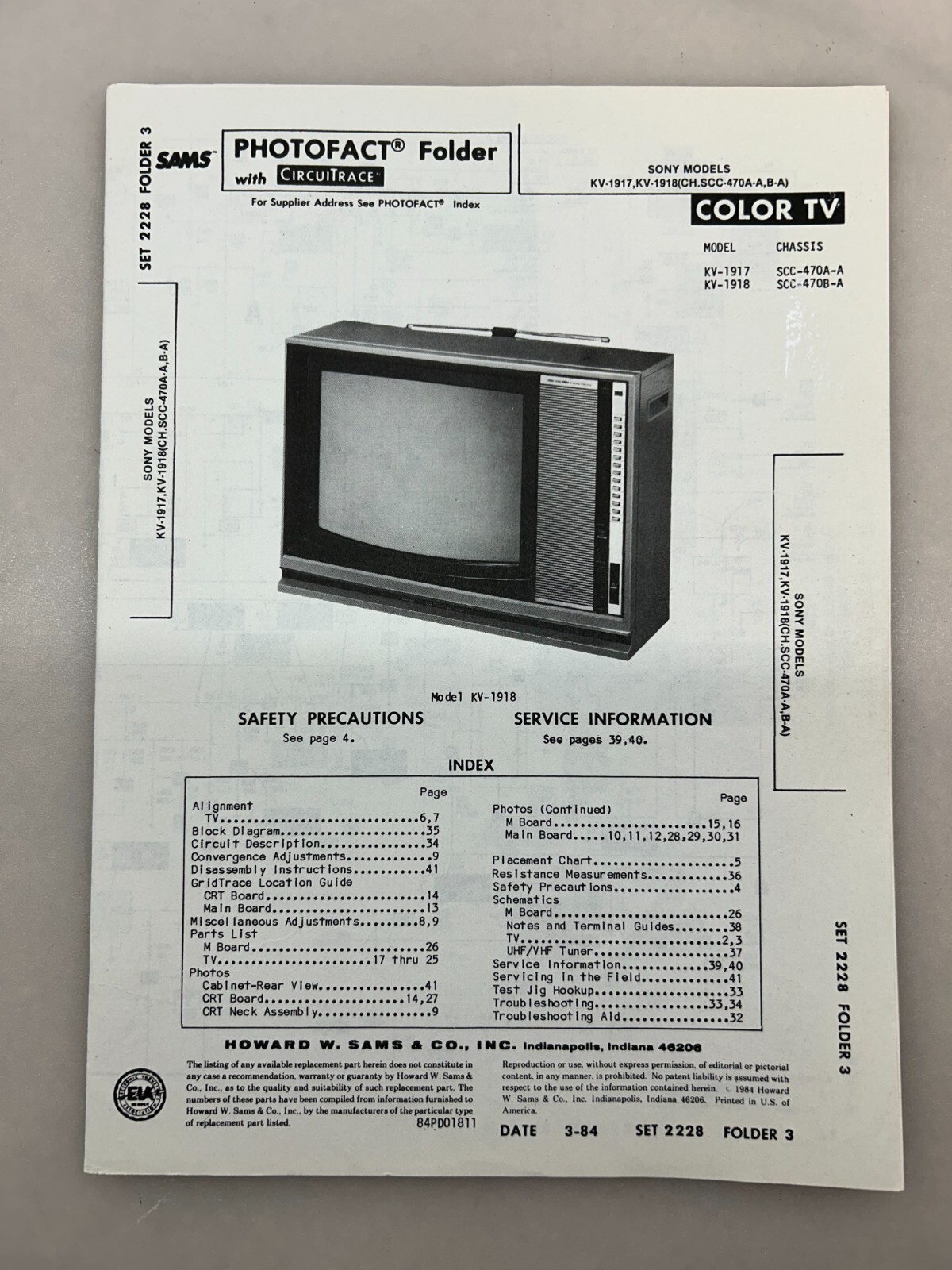 Sony KV-1917 1918 Service Manual Sams Photofact Free Shipping