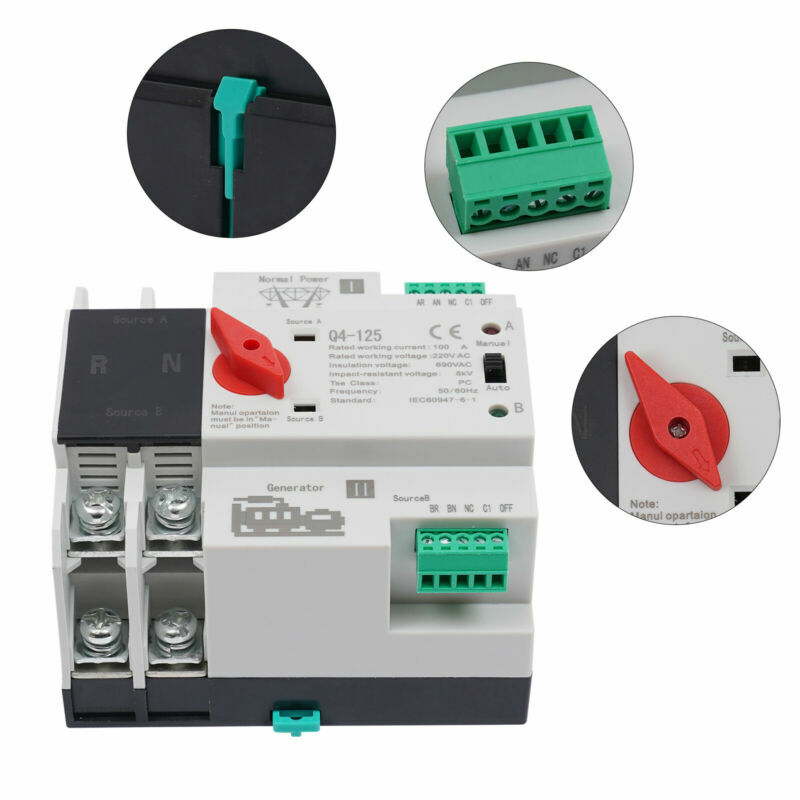 2P 100A Dual Power Automatic Transfer Switch Generator Changeover Switch 220V