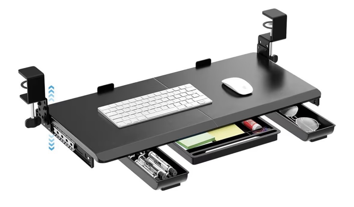 Large Height Adjustable Keyboard Tray with Sturdy C-Clamp Mount and Storage
